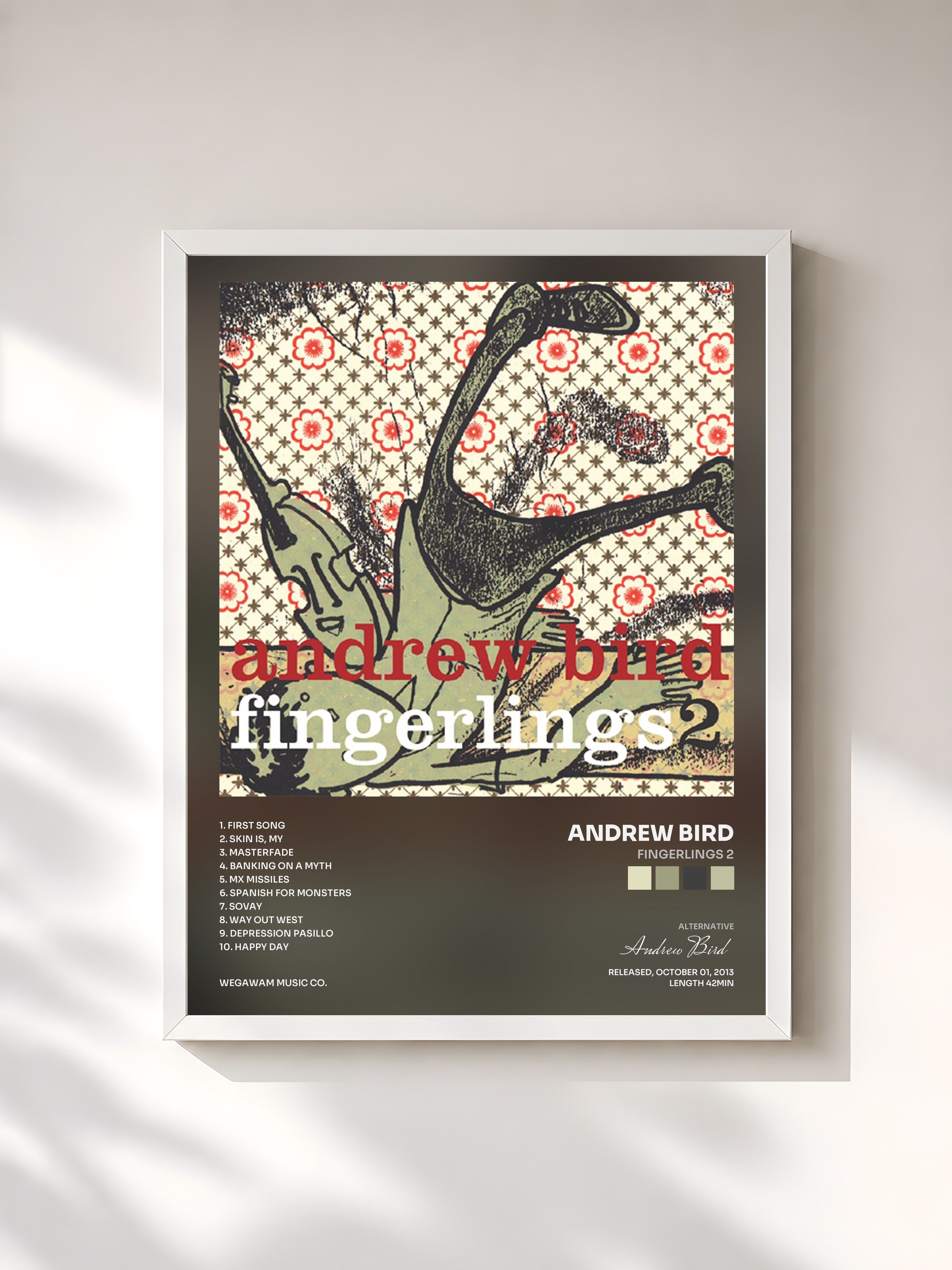 #blanc Tableau de l'album Fingerlings 2 de Andrew Bird, cadre blanc, imprimé et encadré en France