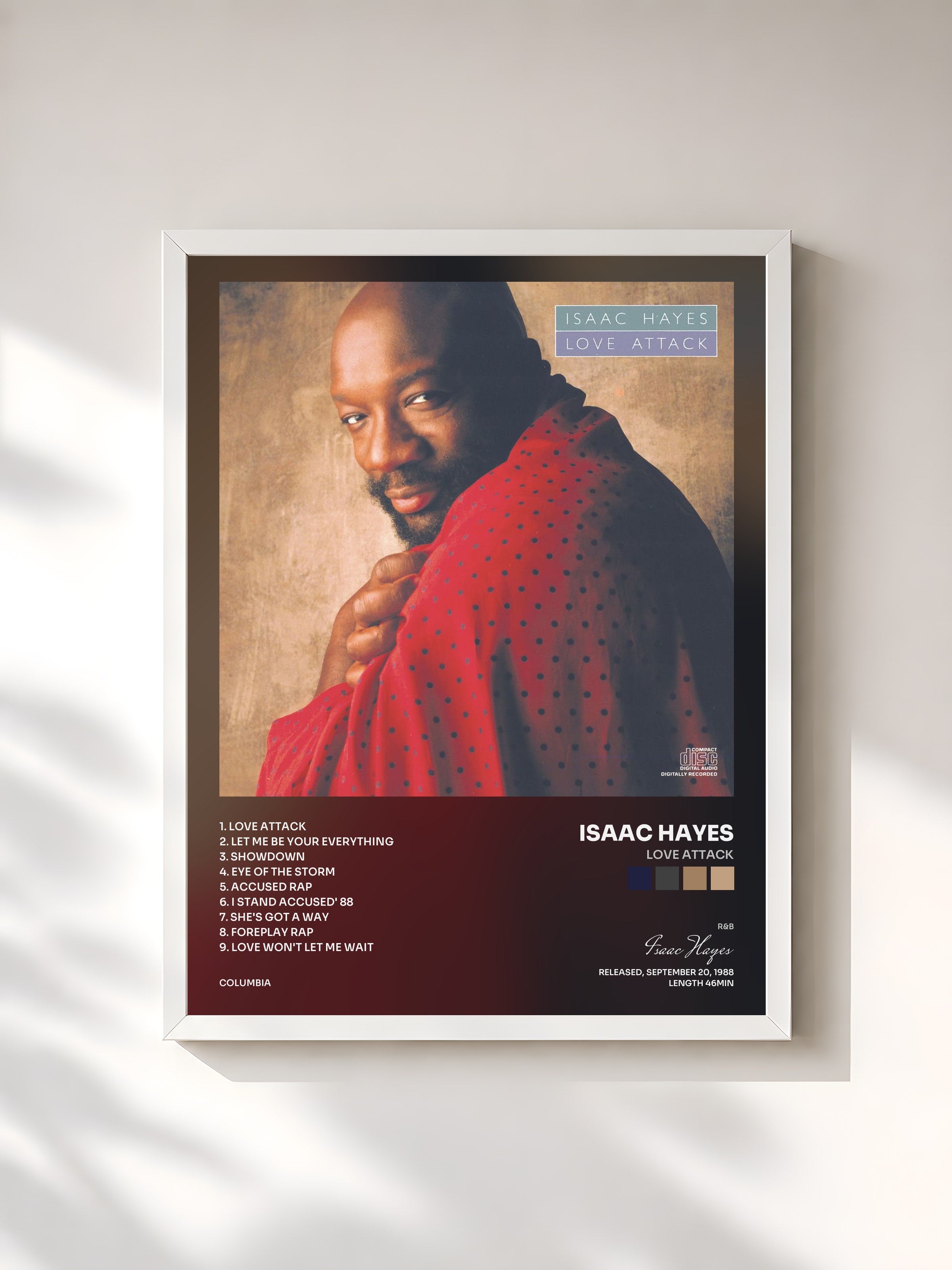 #blanc Tableau de l'album Love Attack de Isaac Hayes, cadre blanc, imprimé et encadré en France