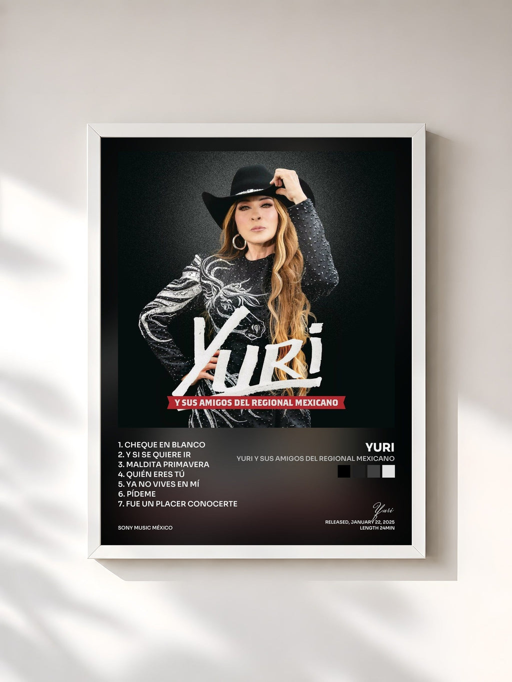 #blanc Tableau de l'album Yuri y Sus Amigos del Regional Mexicano de Yuri, cadre blanc, imprimé et encadré en France
