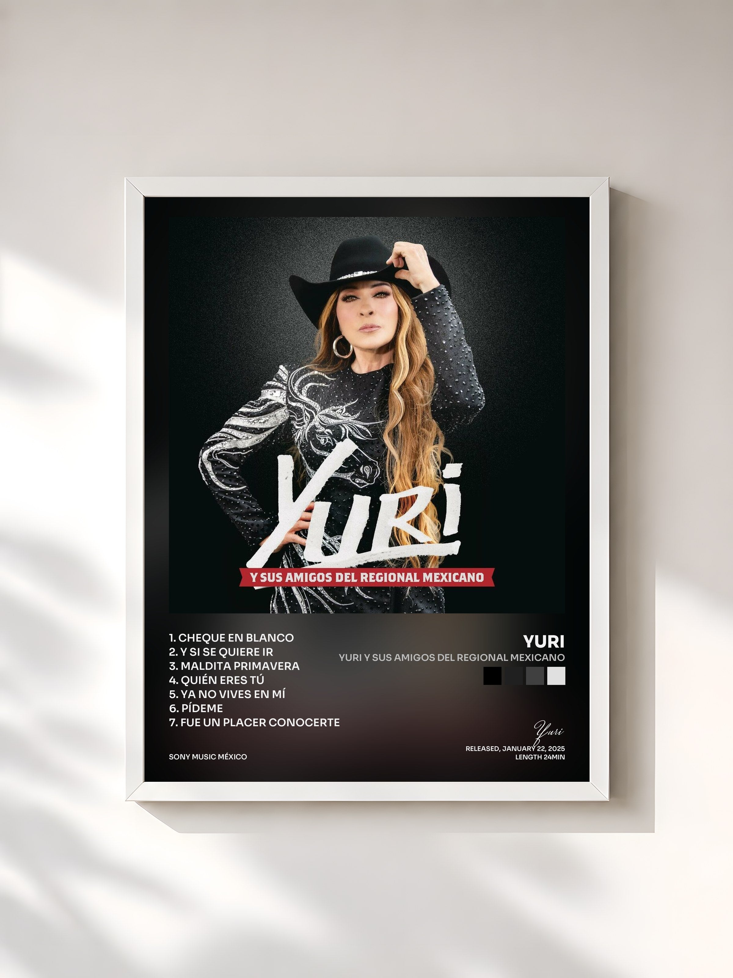 #blanc Tableau de l'album Yuri y Sus Amigos del Regional Mexicano de Yuri, cadre blanc, imprimé et encadré en France
