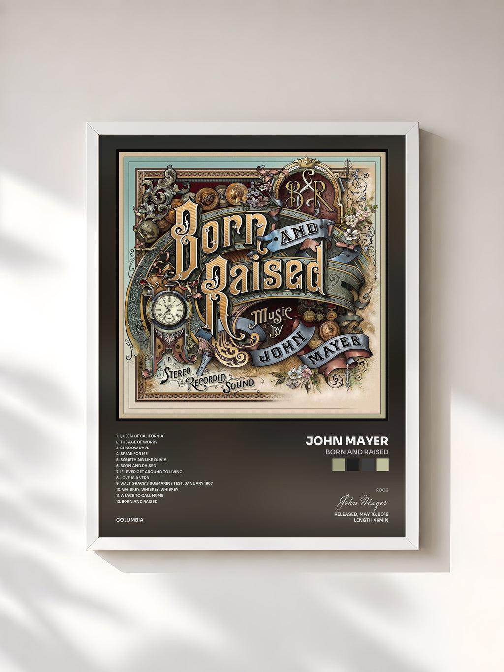 #blanc Tableau de l'album Born and Raised de John Mayer, cadre blanc, imprimé et encadré en France
