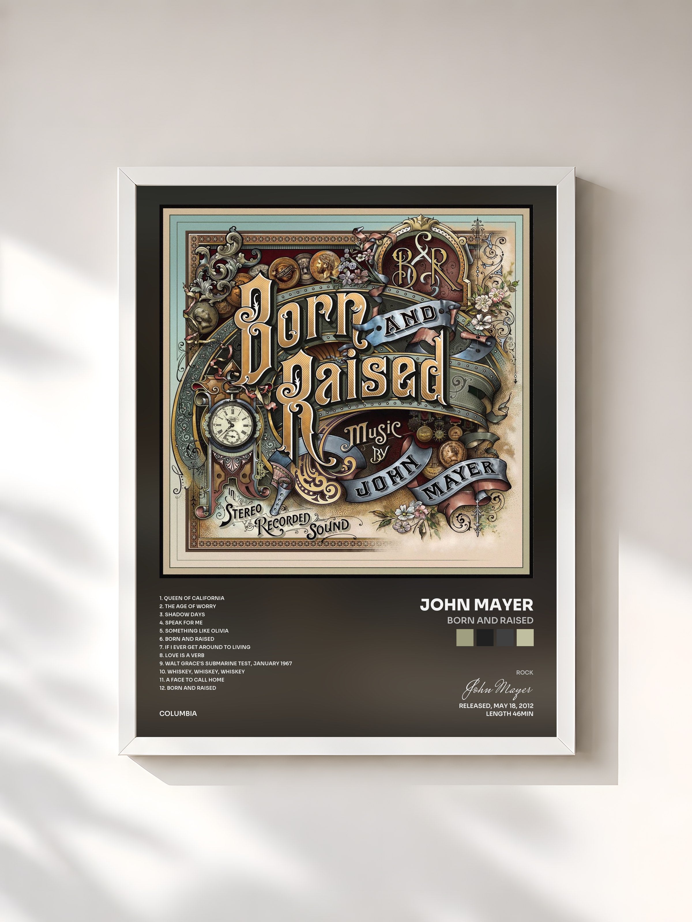 #blanc Tableau de l'album Born and Raised de John Mayer, cadre blanc, imprimé et encadré en France
