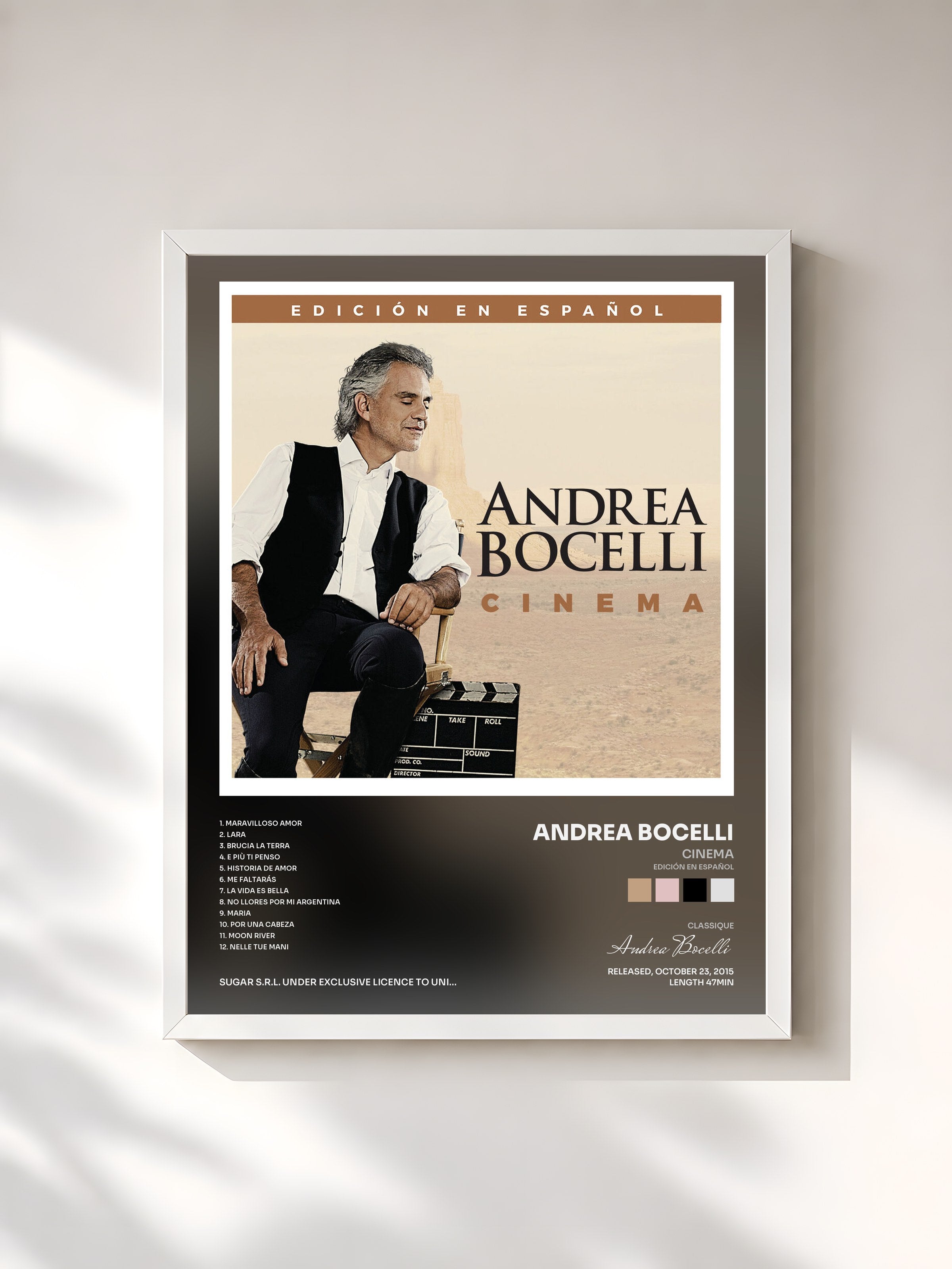 #blanc Tableau de l'album Cinema (Edición en Español) de Andrea Bocelli, cadre blanc, imprimé et encadré en France