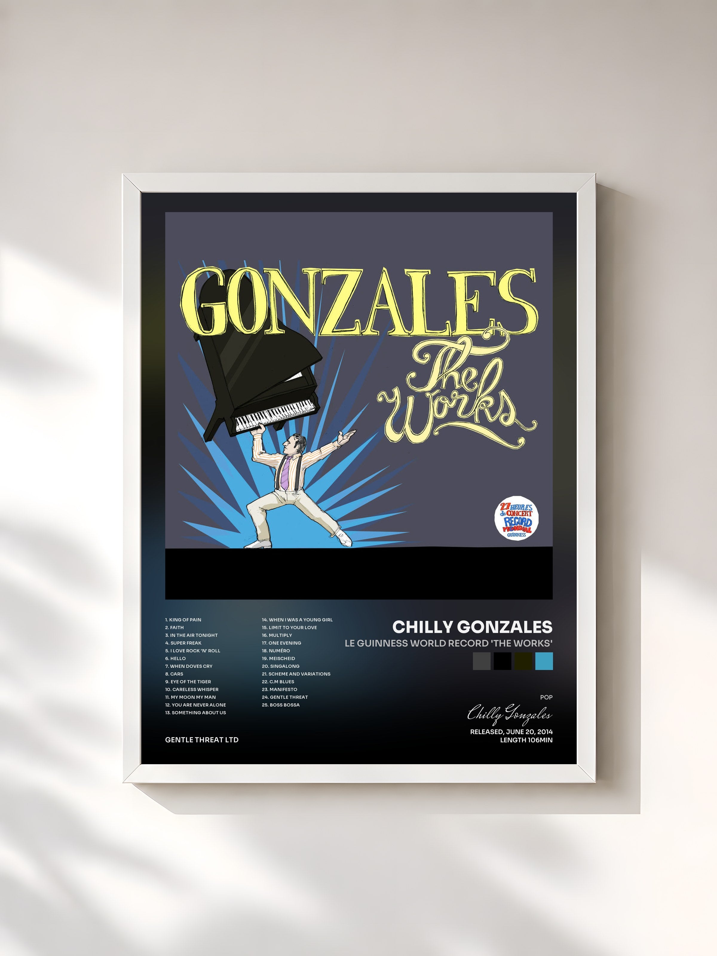 #blanc Tableau de l'album Le Guinness World Record 'the Works' de Chilly Gonzales, cadre blanc, imprimé et encadré en France
