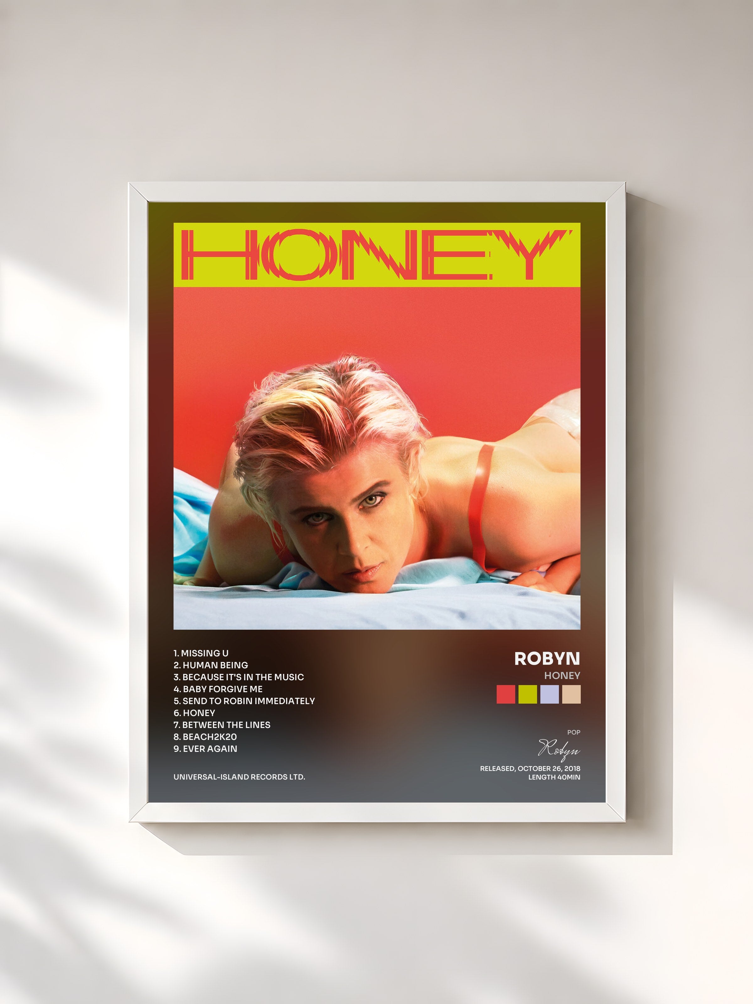 #blanc Tableau de l'album Honey de Robyn, cadre blanc, imprimé et encadré en France