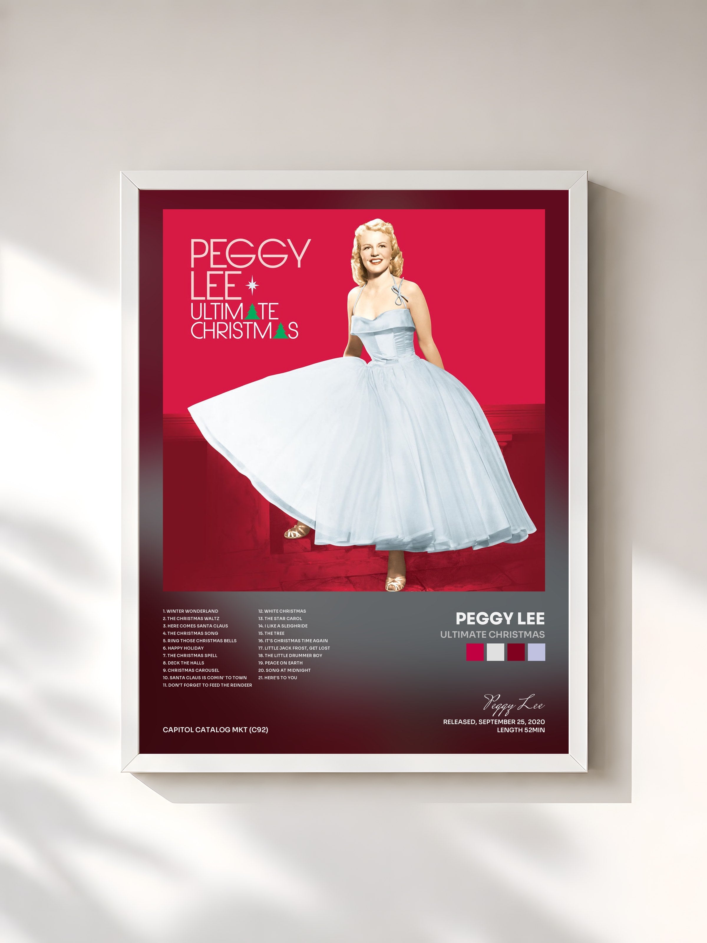 #blanc Tableau de l'album Ultimate Christmas de Peggy Lee, cadre blanc, imprimé et encadré en France