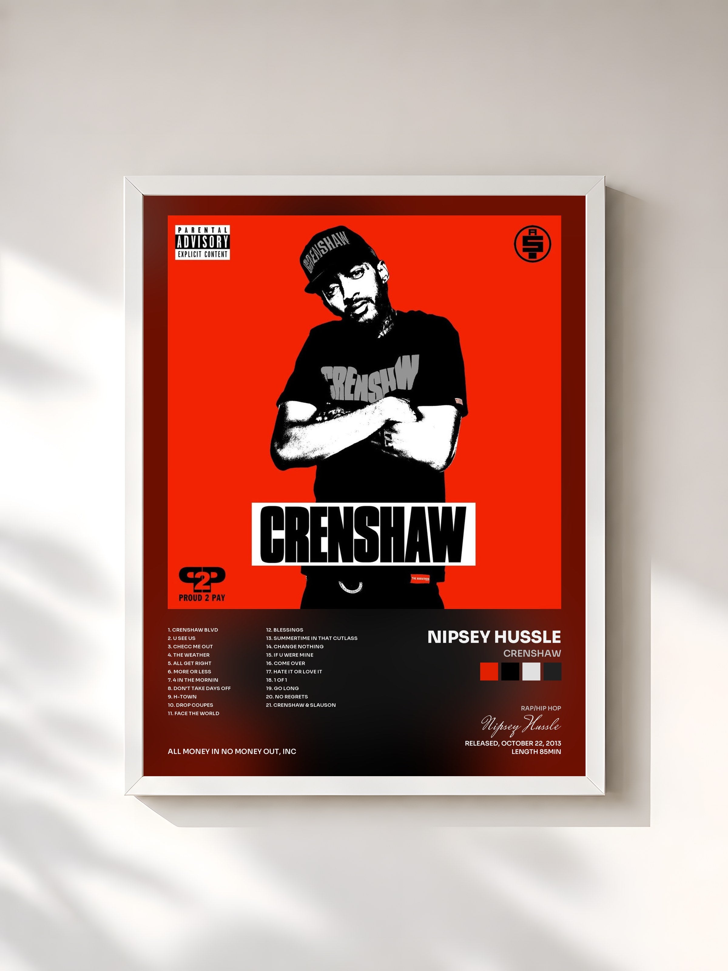 #blanc Tableau de l'album Crenshaw de Nipsey Hussle, cadre blanc, imprimé et encadré en France