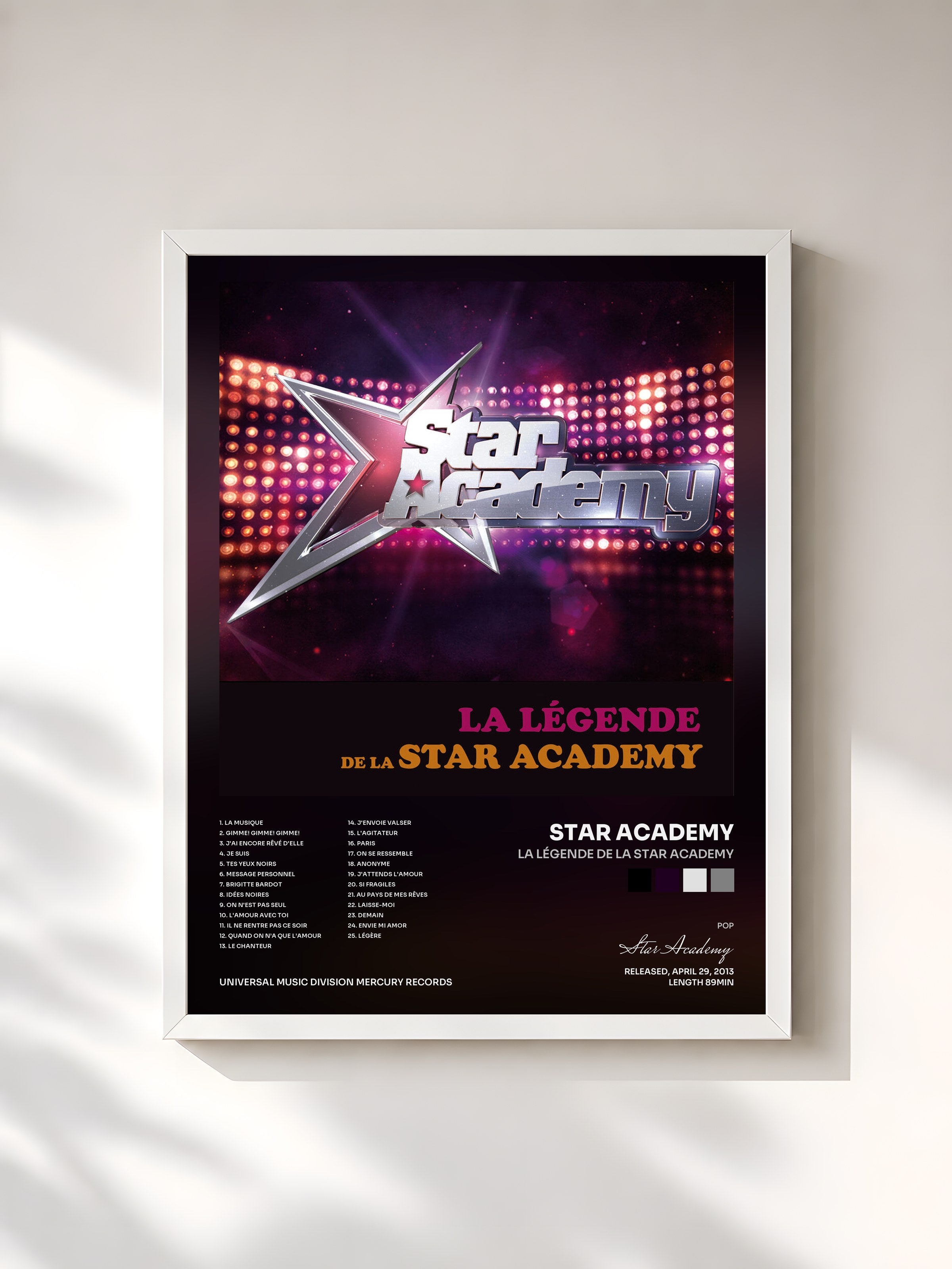 #blanc Tableau de l'album La Légende De La Star Academy de Star Academy, cadre blanc, imprimé et encadré en France