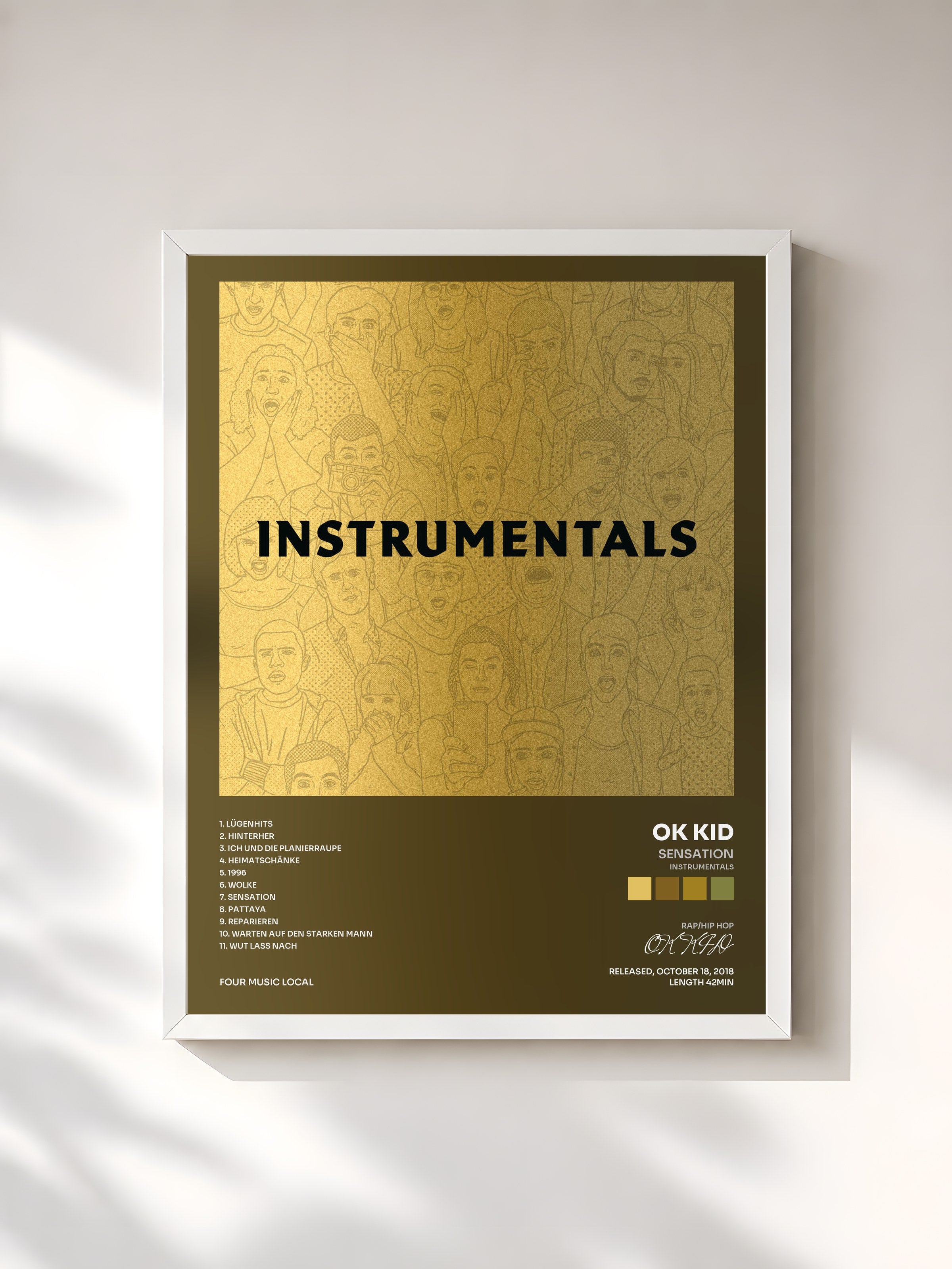 #blanc Tableau de l'album Sensation (Instrumentals) de OK KID, cadre blanc, imprimé et encadré en France