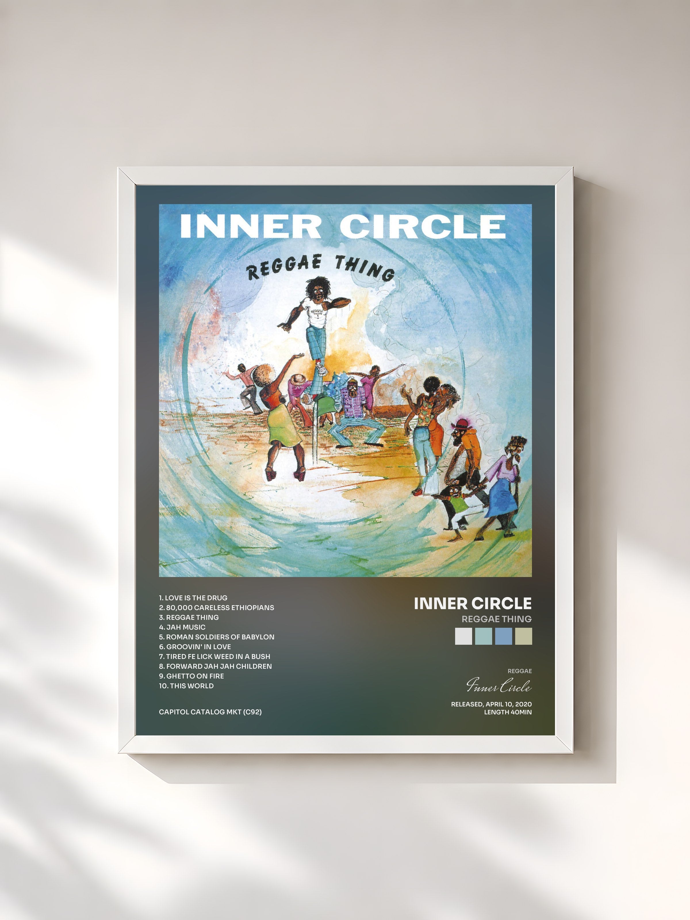 #blanc Tableau de l'album Reggae Thing de Inner Circle, cadre blanc, imprimé et encadré en France
