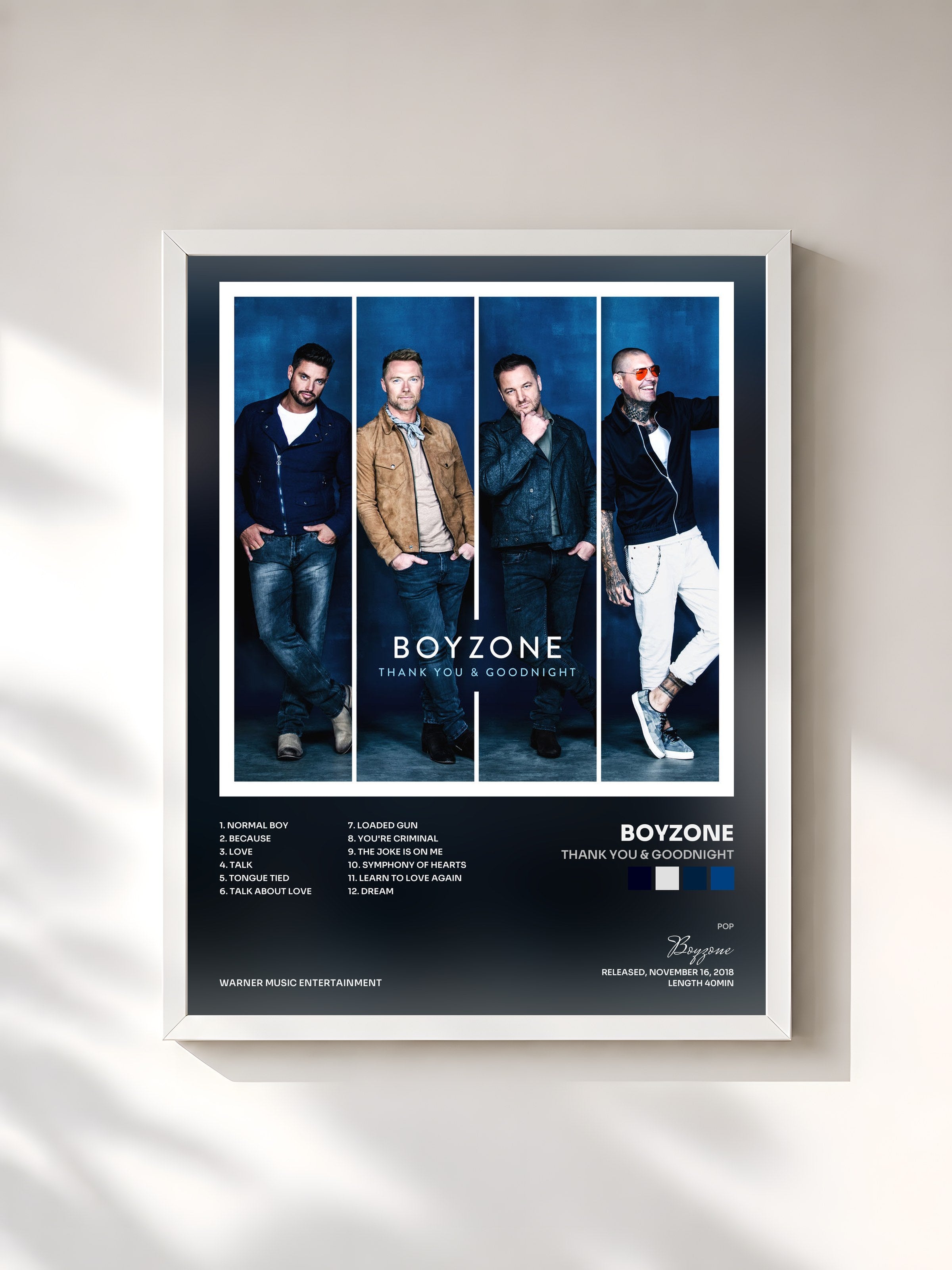 #blanc Tableau de l'album Thank You & Goodnight de Boyzone, cadre blanc, imprimé et encadré en France