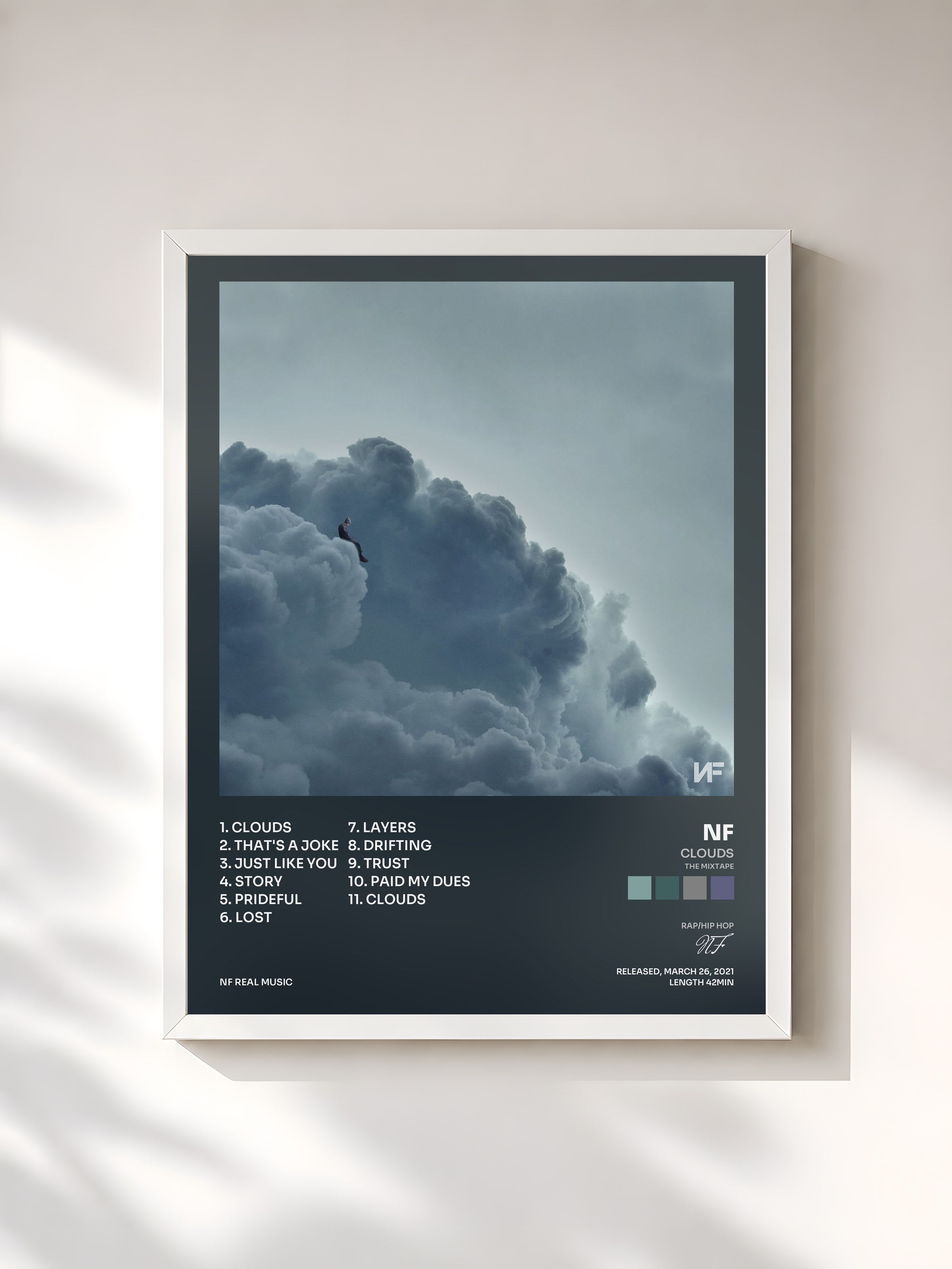 #blanc Tableau de l'album CLOUDS (THE MIXTAPE) de NF, cadre blanc, imprimé et encadré en France