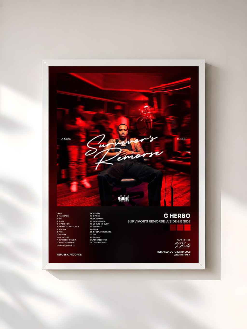 #blanc Tableau de l'album Survivor's Remorse: A Side & B Side de G Herbo, cadre blanc, imprimé et encadré en France
