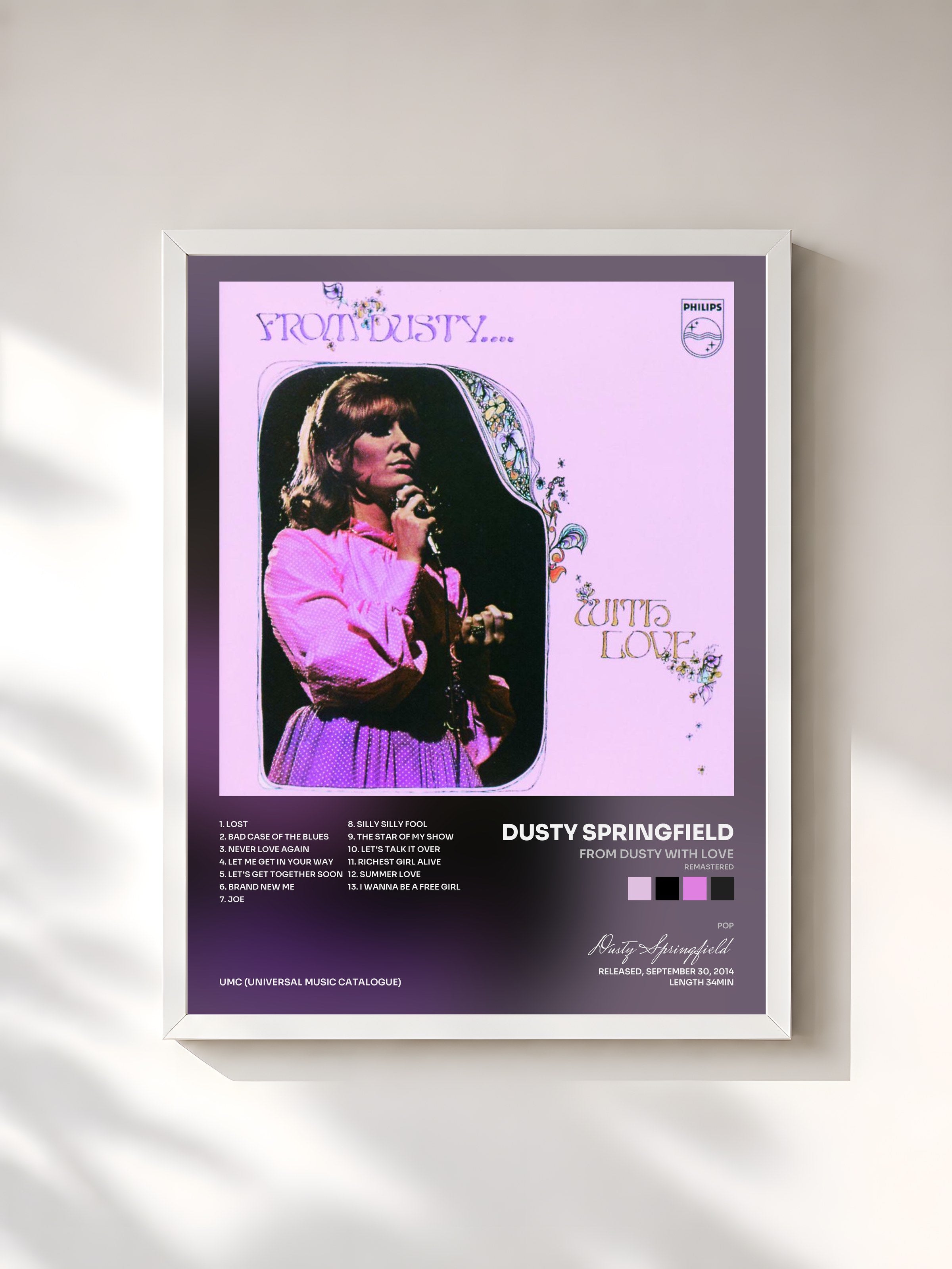 #blanc Tableau de l'album From Dusty With Love (Remastered) de Dusty Springfield, cadre blanc, imprimé et encadré en France