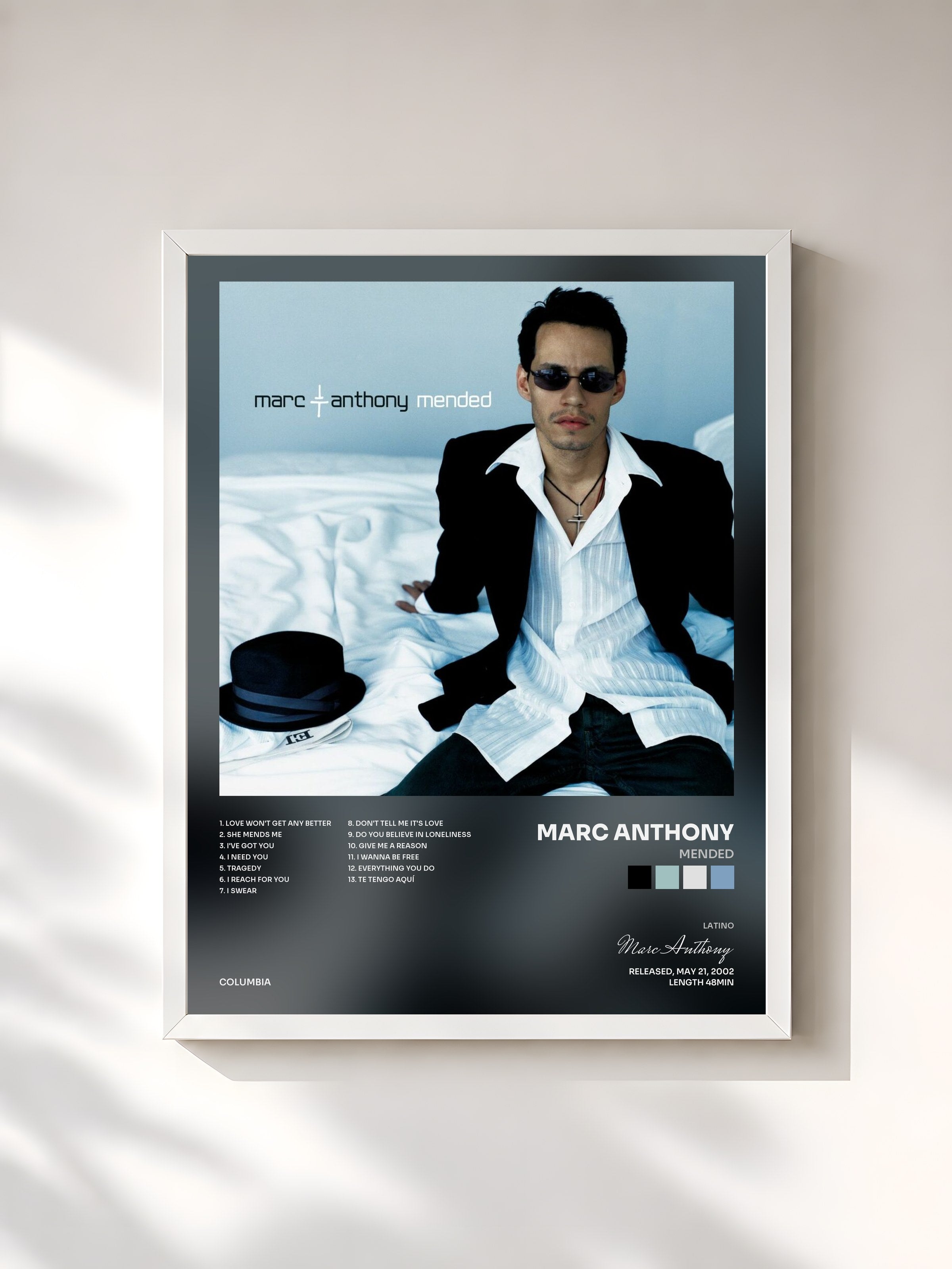 #blanc Tableau de l'album Mended de Marc Anthony, cadre blanc, imprimé et encadré en France