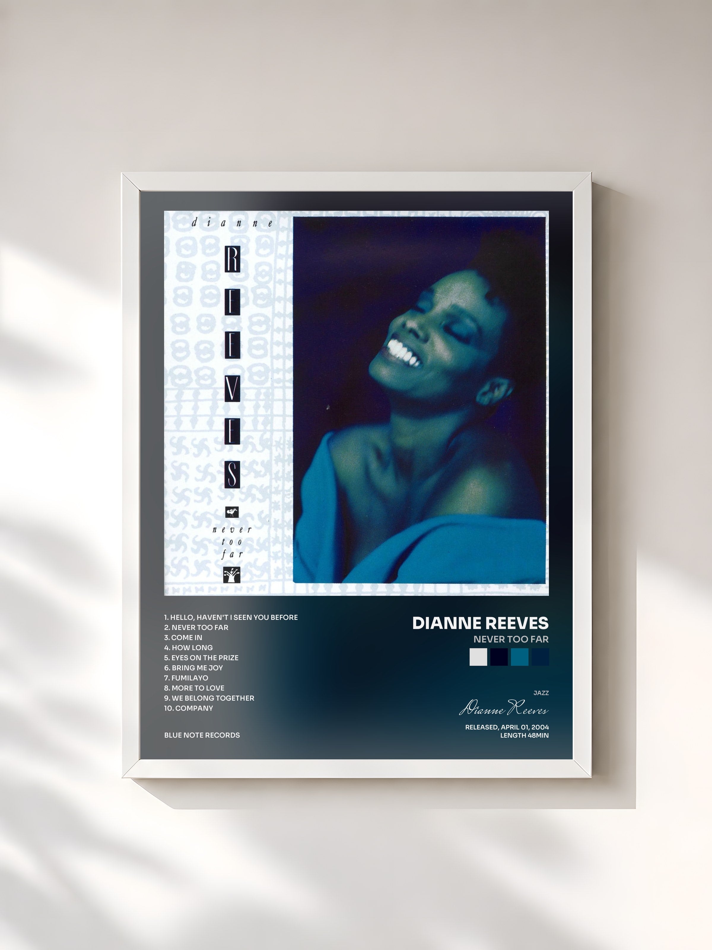 #blanc Tableau de l'album Never Too Far de Dianne Reeves, cadre blanc, imprimé et encadré en France