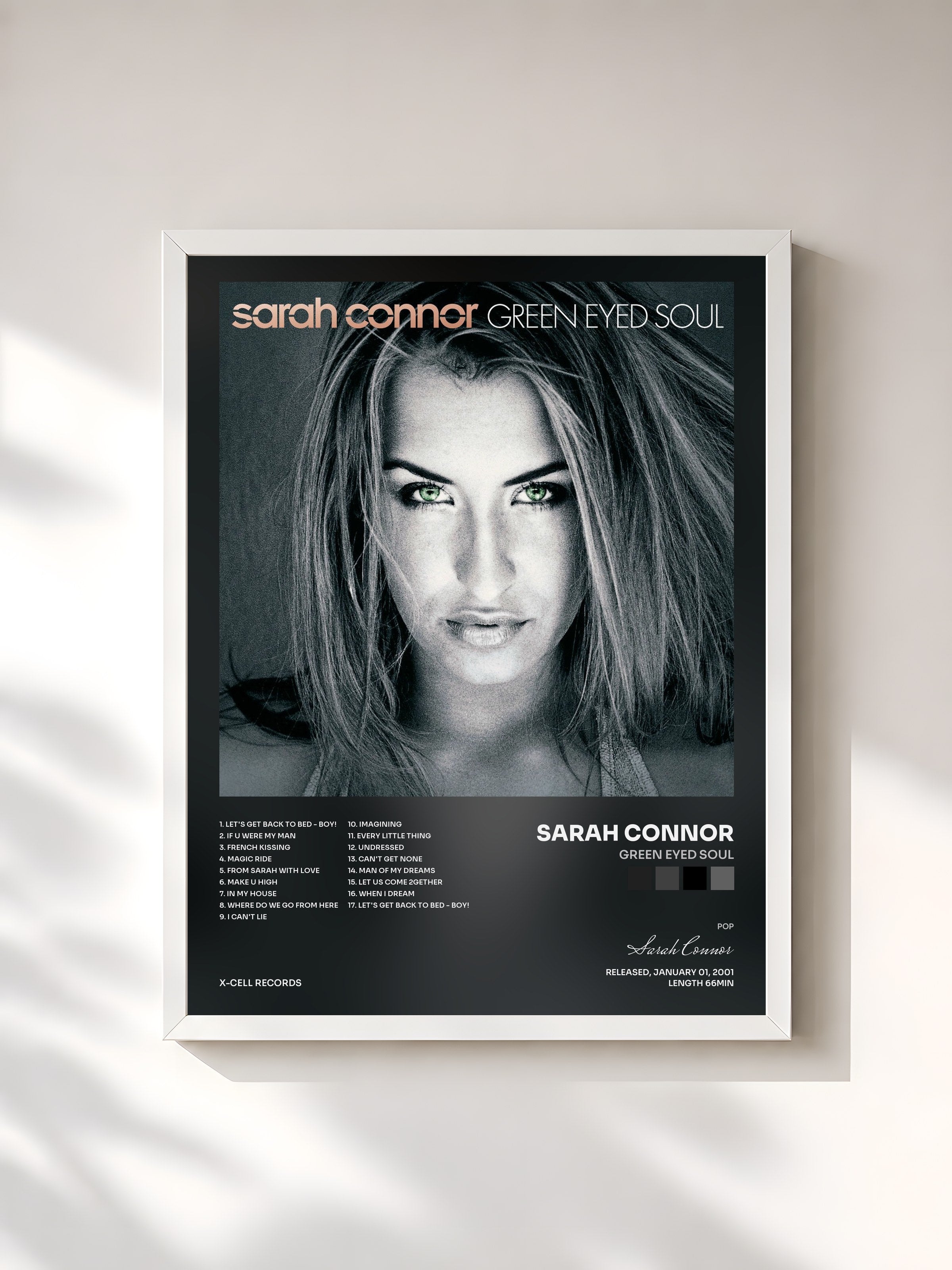 #blanc Tableau de l'album Green Eyed Soul de Sarah Connor, cadre blanc, imprimé et encadré en France