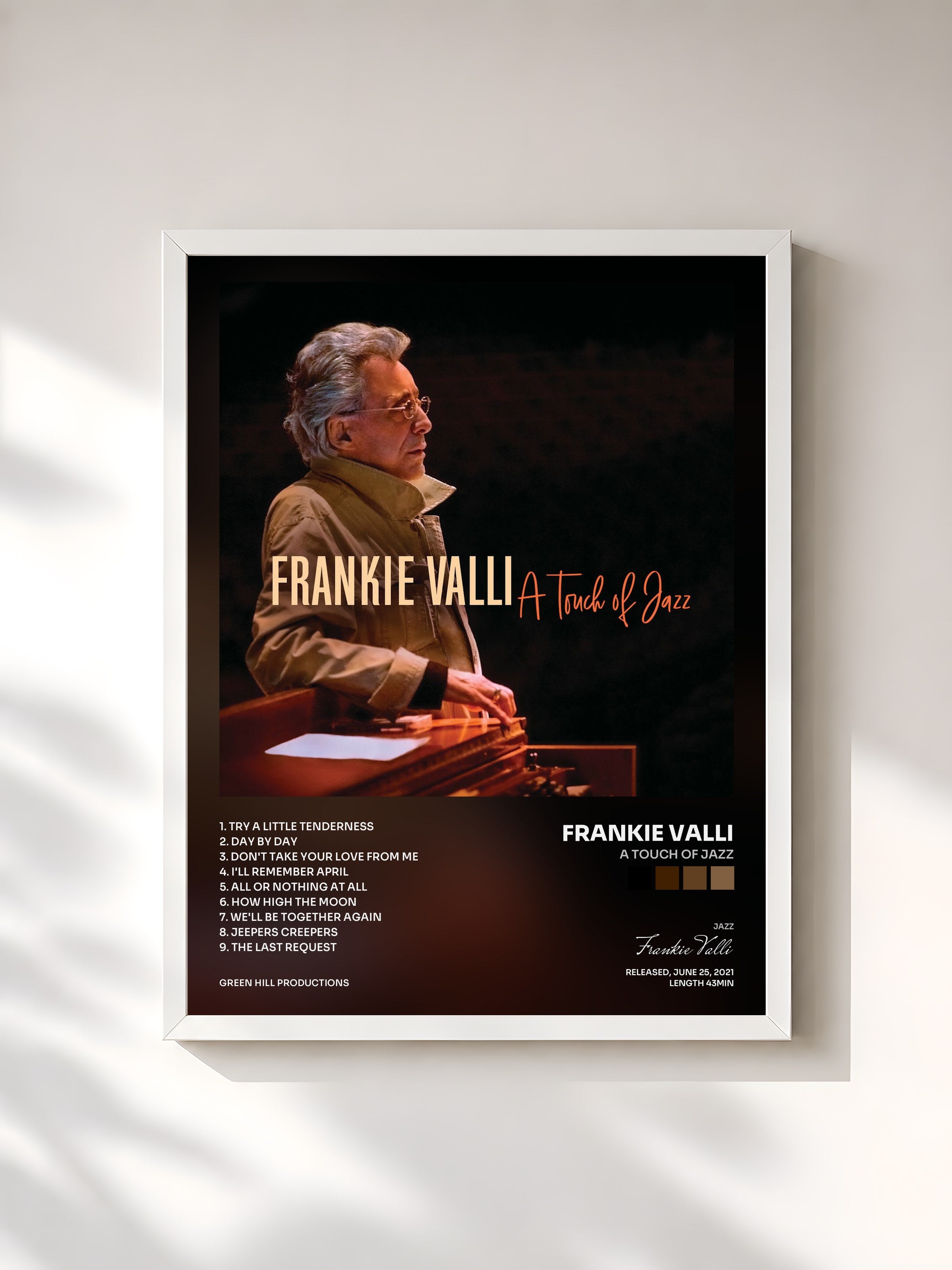 #blanc Tableau de l'album A Touch Of Jazz de Frankie Valli, cadre blanc, imprimé et encadré en France