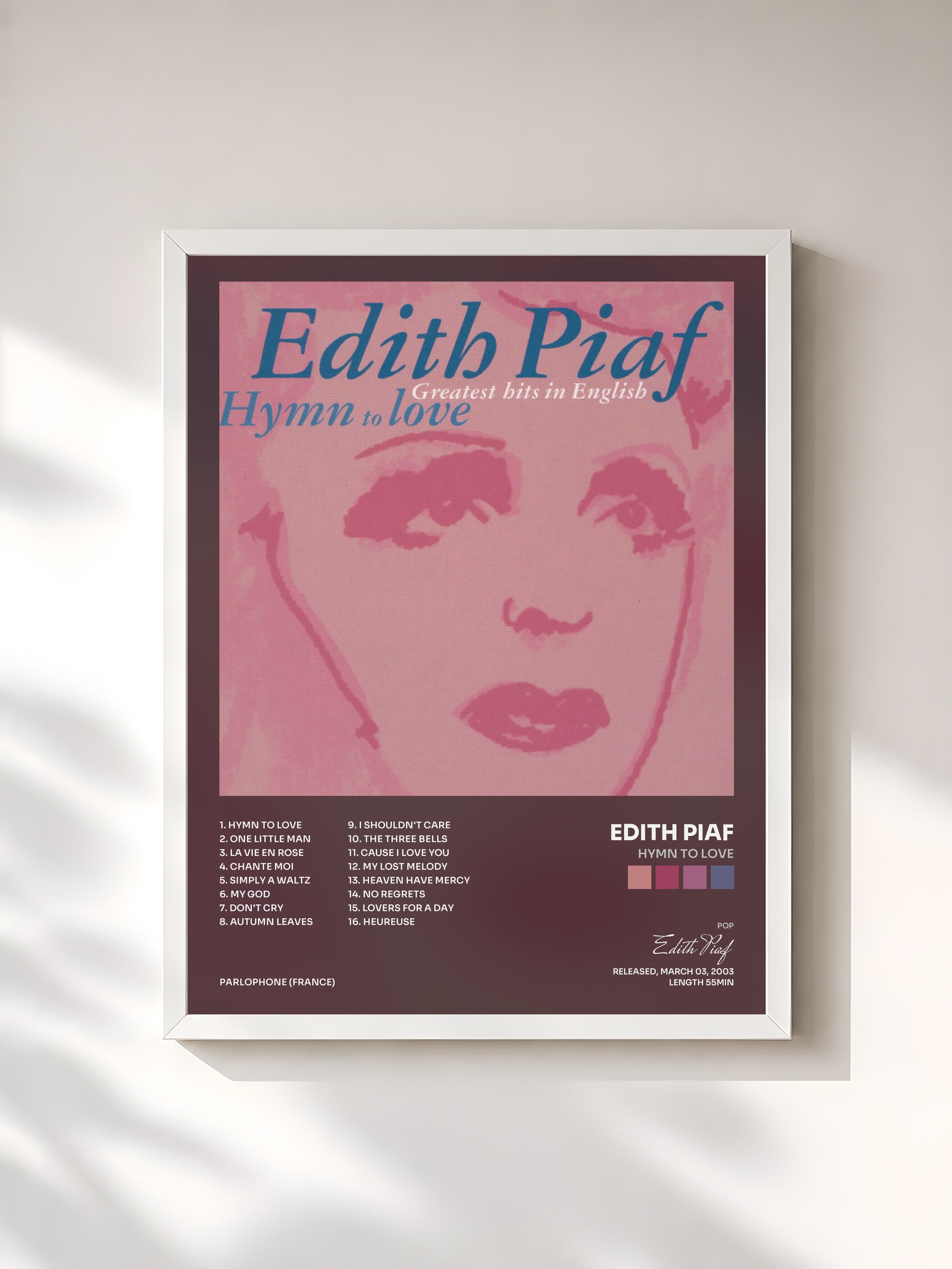 #blanc Tableau de l'album hymn to love de Edith Piaf, cadre blanc, imprimé et encadré en France