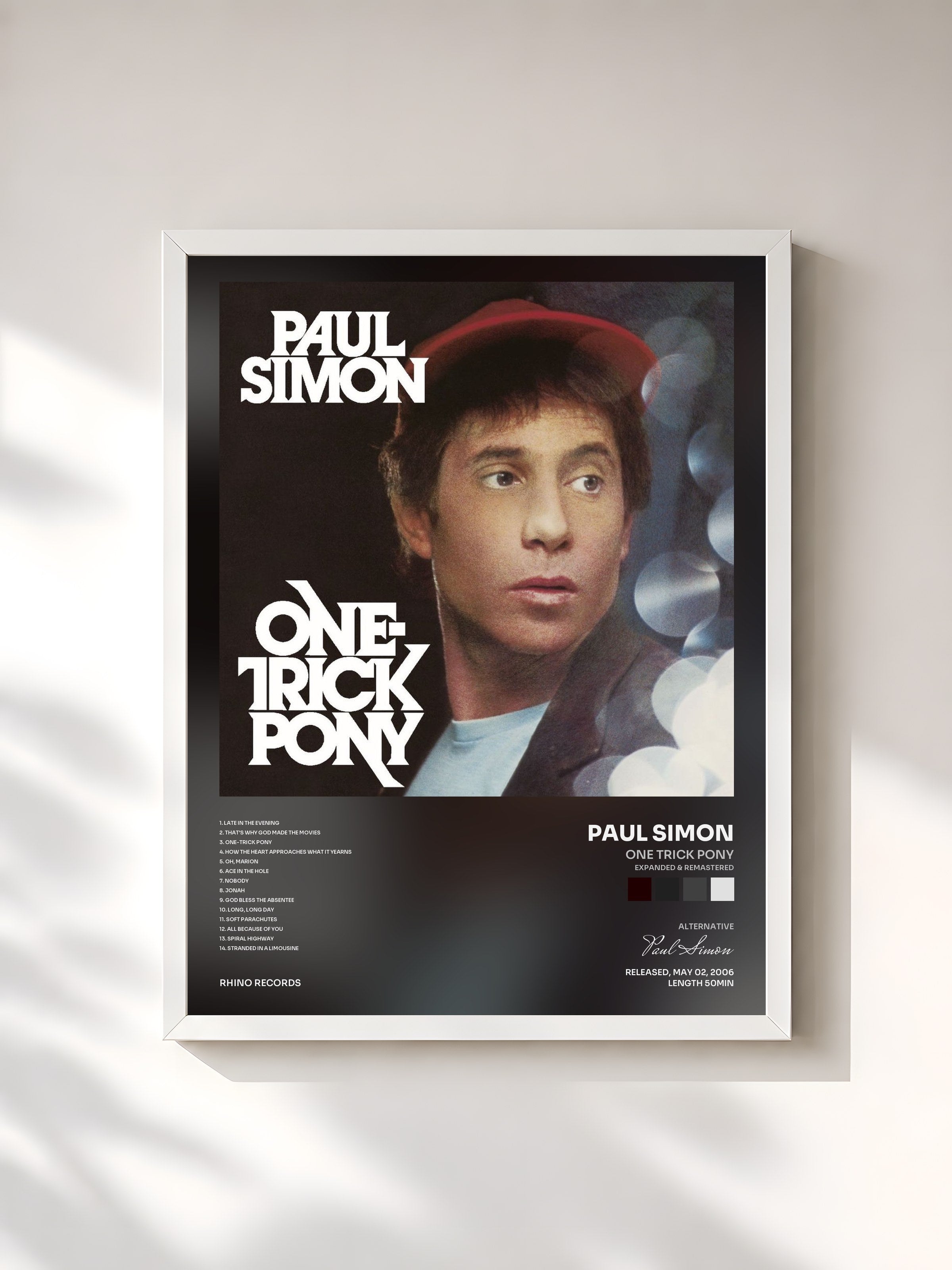 #blanc Tableau de l'album One Trick Pony (Expanded & Remastered) de Paul Simon, cadre blanc, imprimé et encadré en France