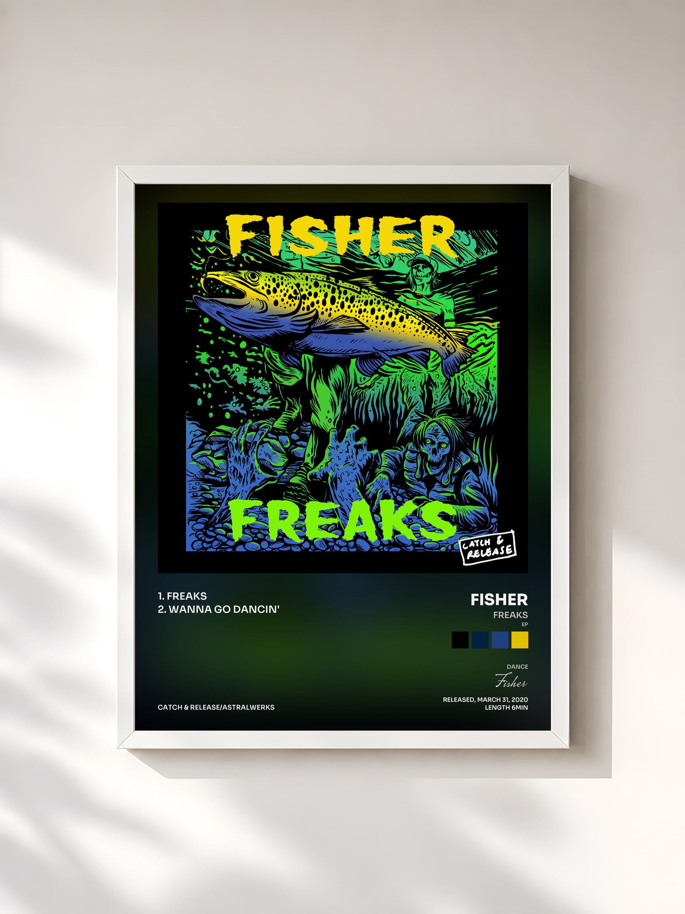 #blanc Tableau de l'album Freaks (EP) de Fisher, cadre blanc, imprimé et encadré en France