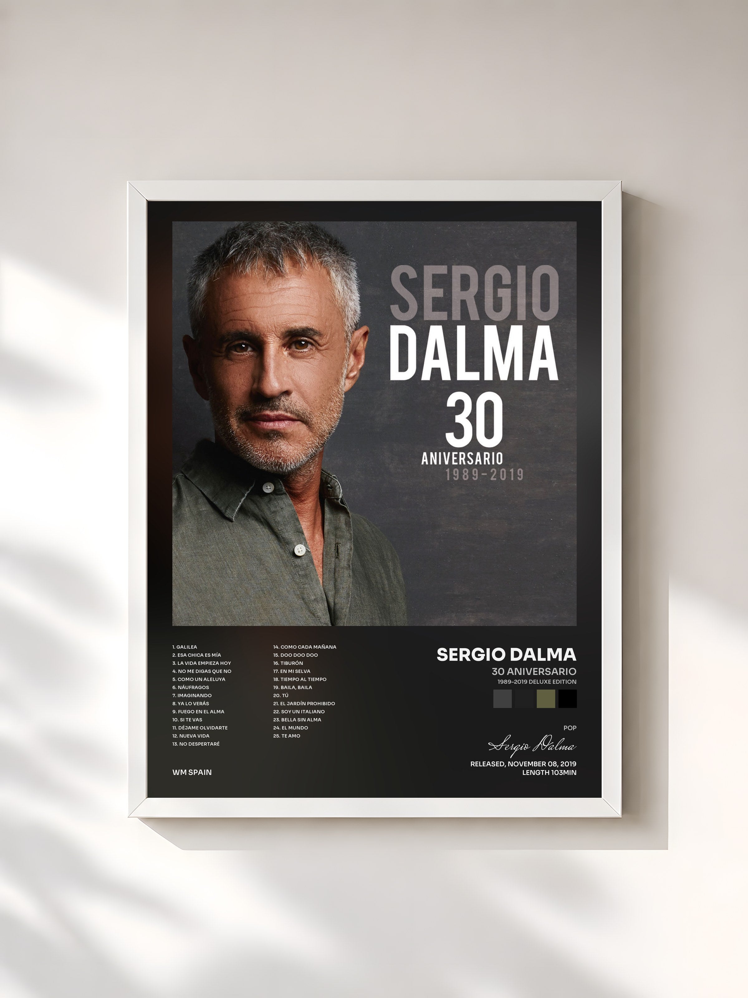 #blanc Tableau de l'album 30 Aniversario (1989-2019 Deluxe Edition) de Sergio Dalma, cadre blanc, imprimé et encadré en France