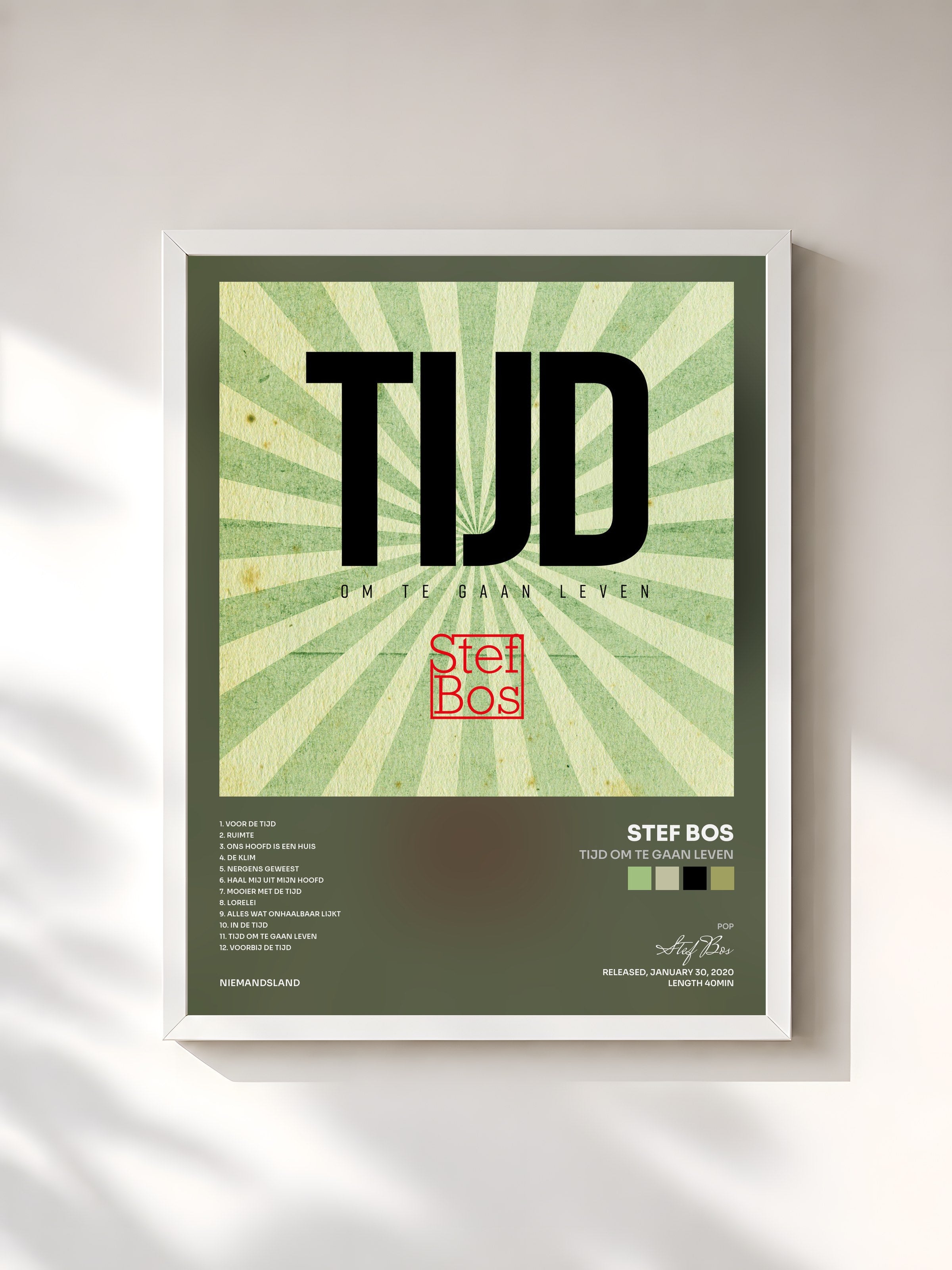 #blanc Tableau de l'album TIJD Om Te Gaan Leven de Stef Bos, cadre blanc, imprimé et encadré en France