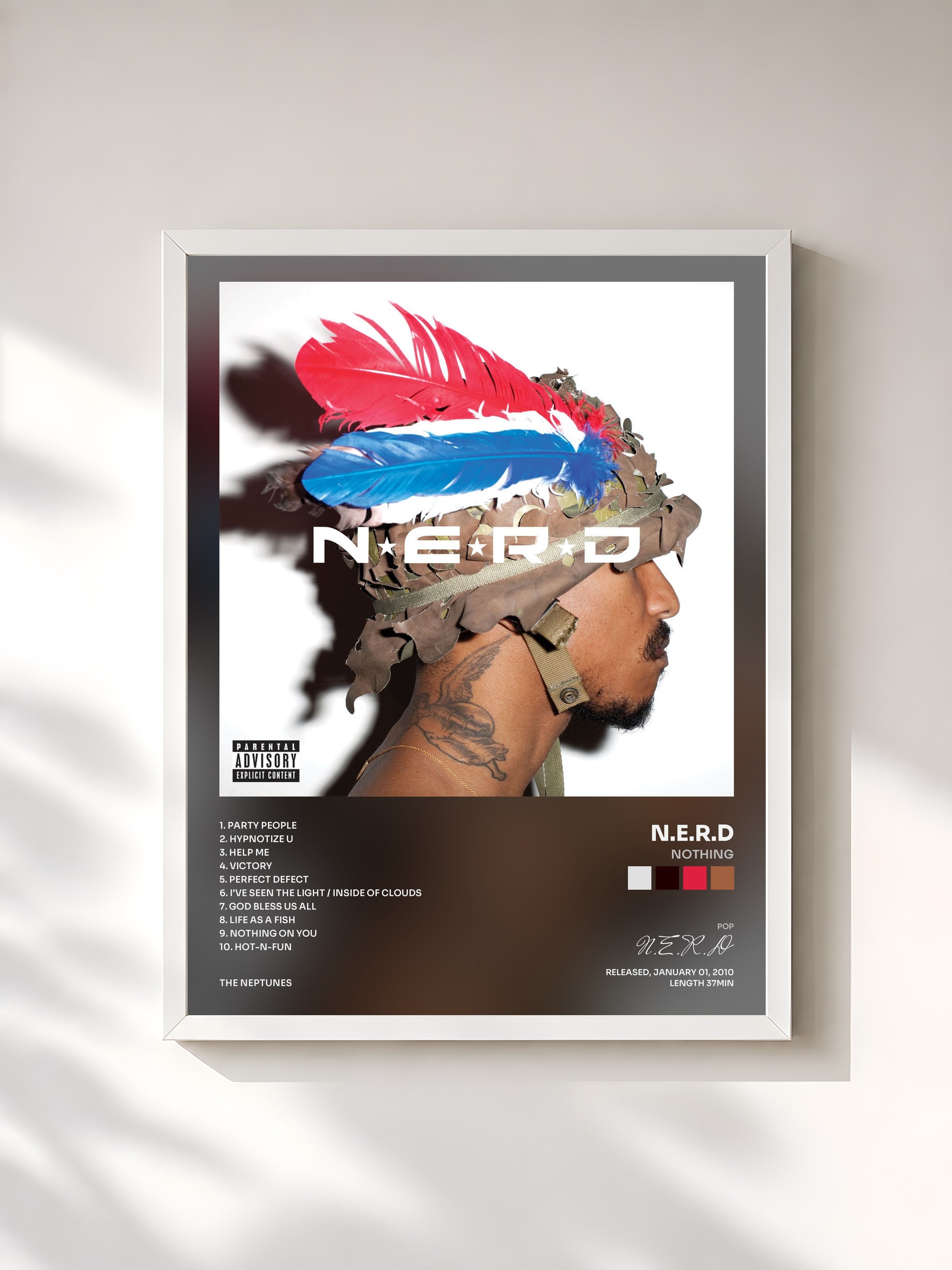 #blanc Tableau de l'album Nothing de N.E.R.D, cadre blanc, imprimé et encadré en France