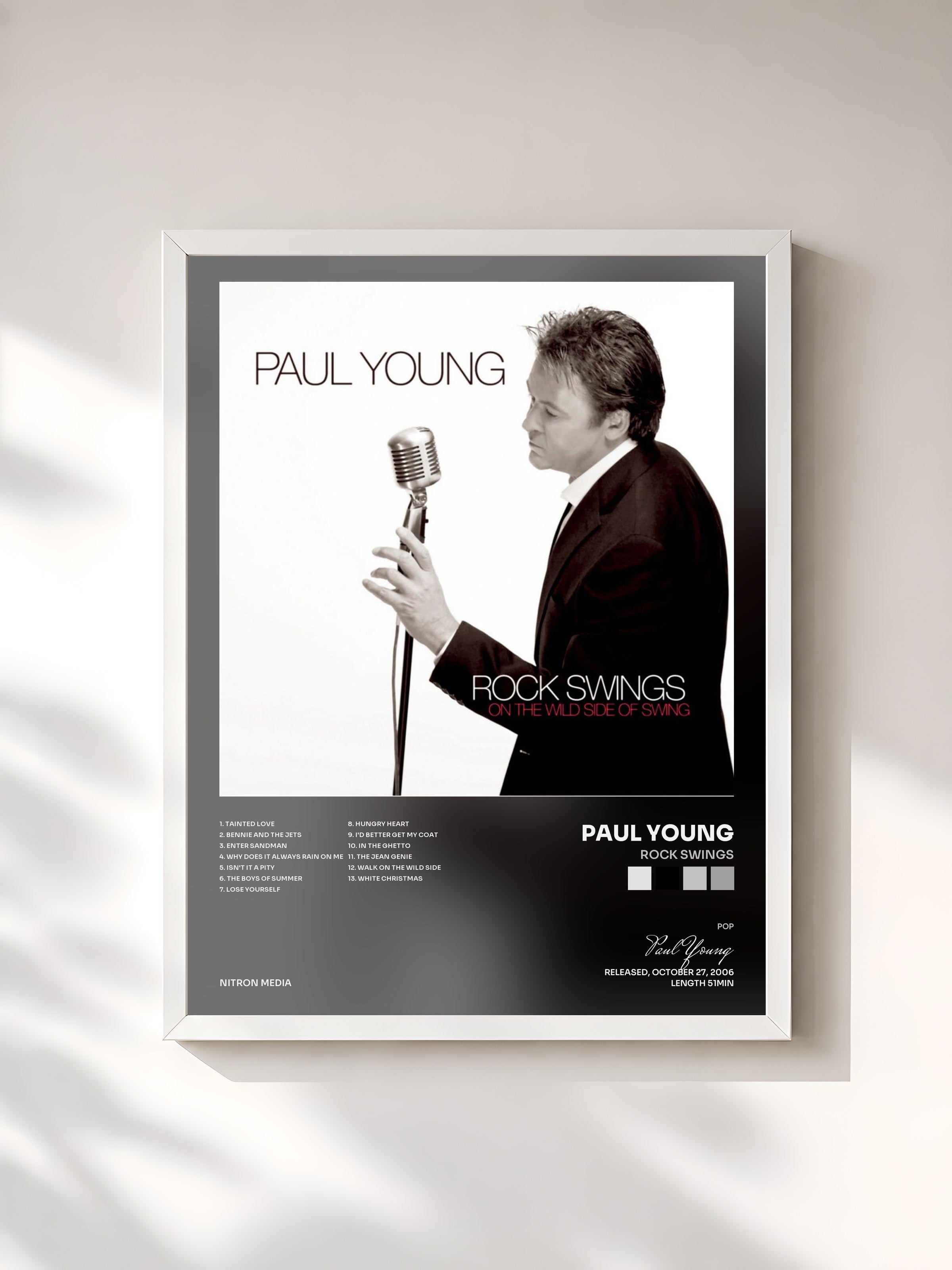 #blanc Tableau de l'album Rock Swings de Paul Young, cadre blanc, imprimé et encadré en France