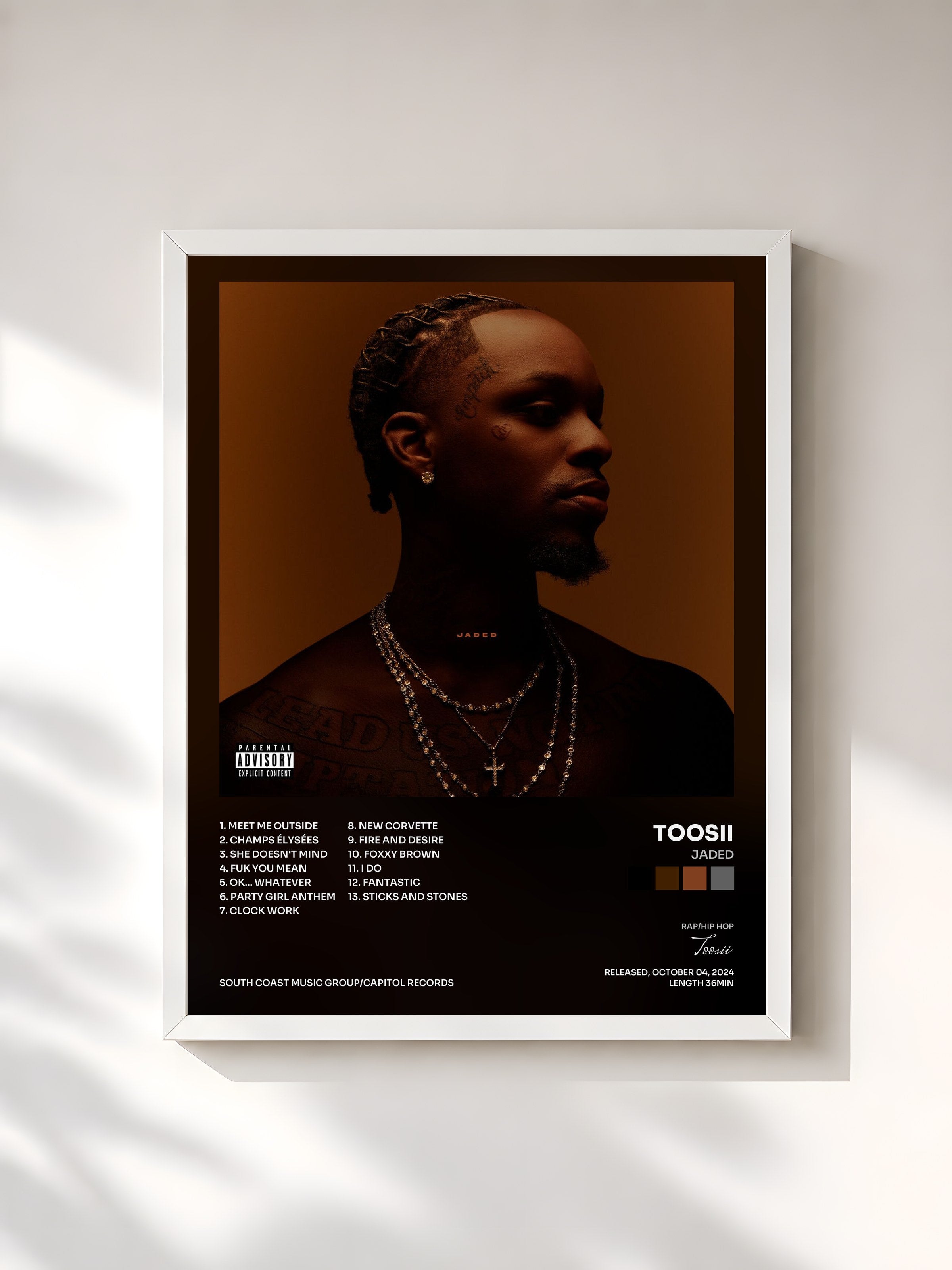 #blanc Tableau de l'album JADED de Toosii, cadre blanc, imprimé et encadré en France