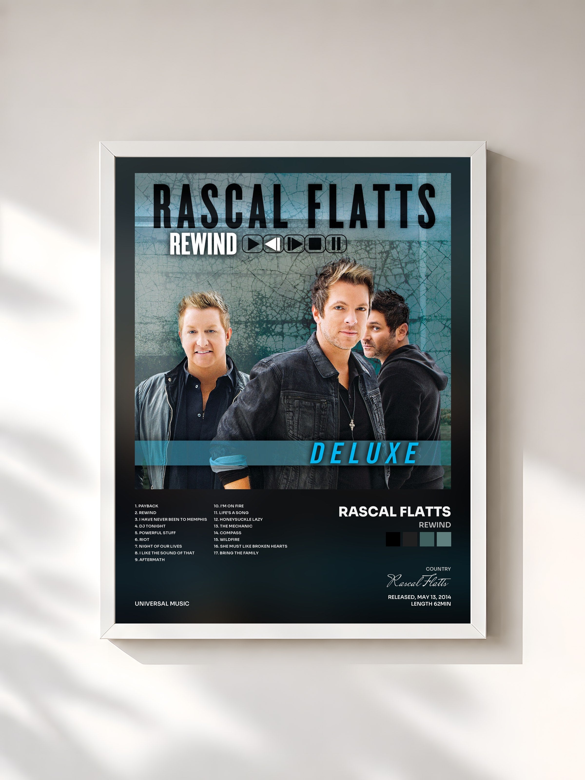 #blanc Tableau de l'album Rewind de Rascal Flatts, cadre blanc, imprimé et encadré en France