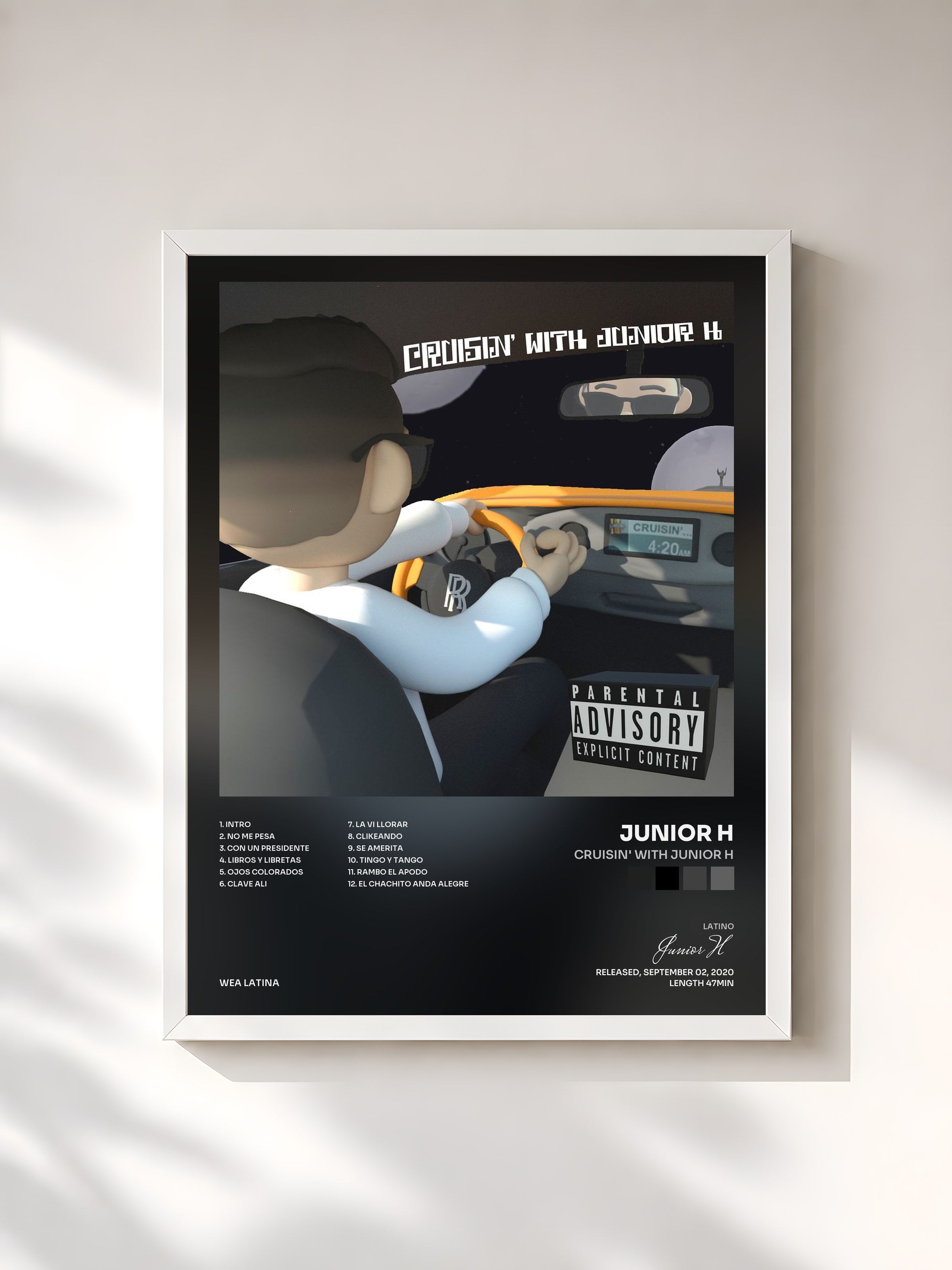 #blanc Tableau de l'album Cruisin' with Junior H de Junior H, cadre blanc, imprimé et encadré en France