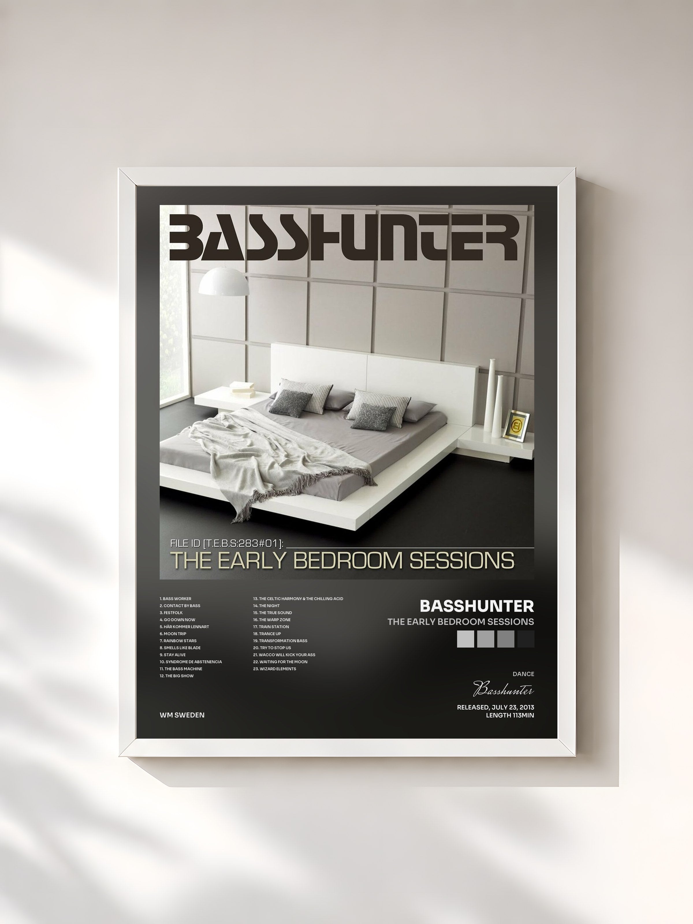 #blanc Tableau de l'album The Early Bedroom Sessions de Basshunter, cadre blanc, imprimé et encadré en France