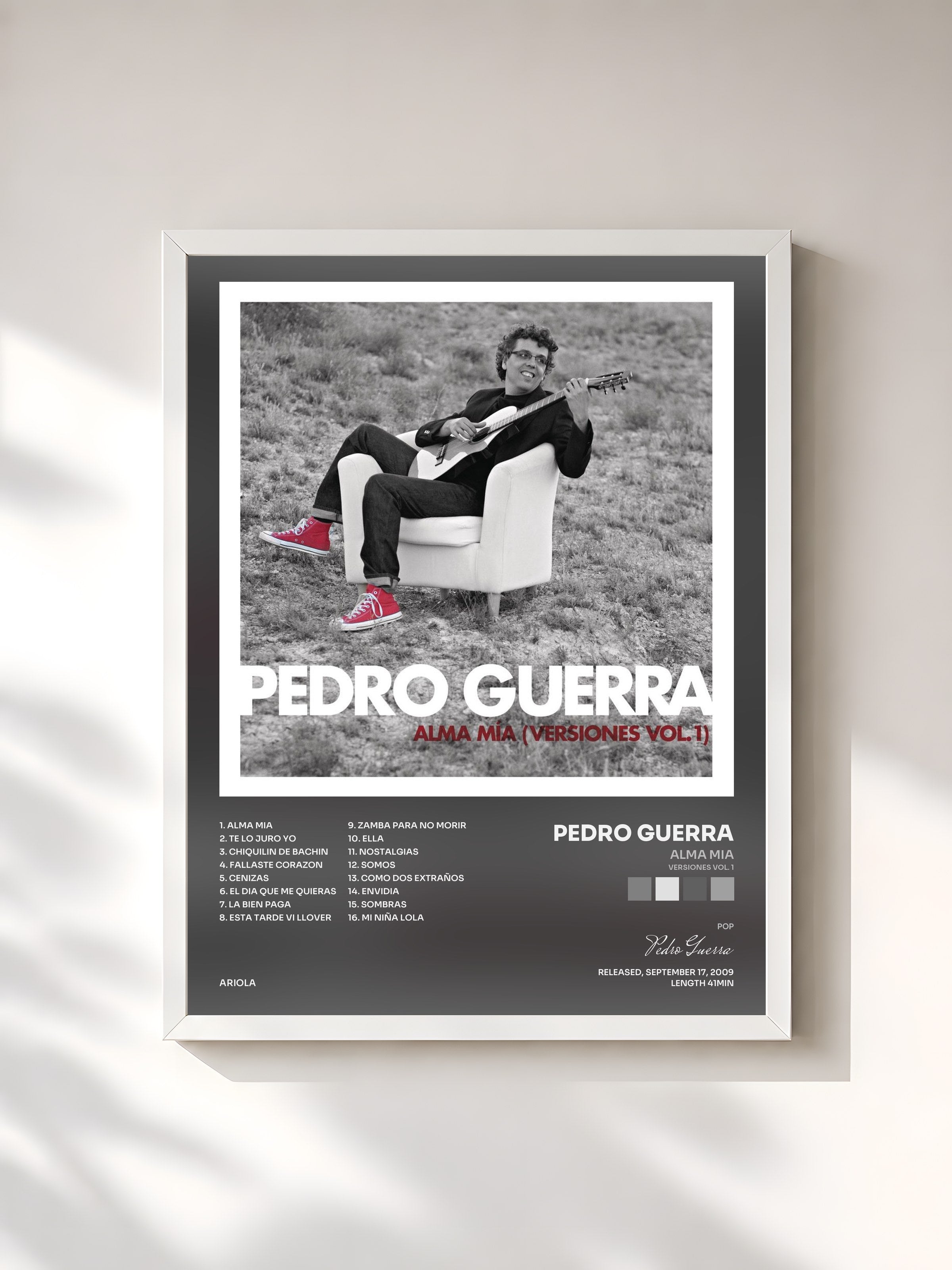 #blanc Tableau de l'album Alma Mia (Versiones Vol. 1) de Pedro Guerra, cadre blanc, imprimé et encadré en France