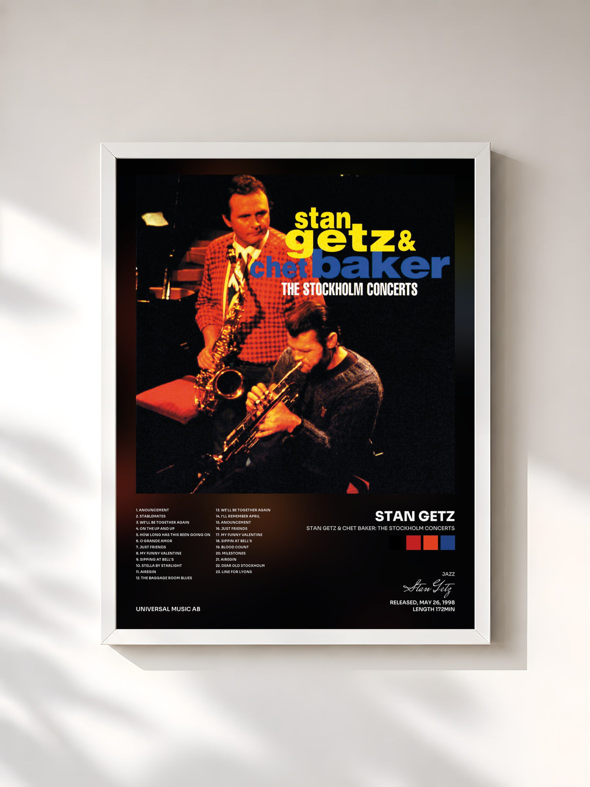 #blanc Tableau de l'album Stan Getz & Chet Baker: The Stockholm Concerts de Stan Getz, cadre blanc, imprimé et encadré en France