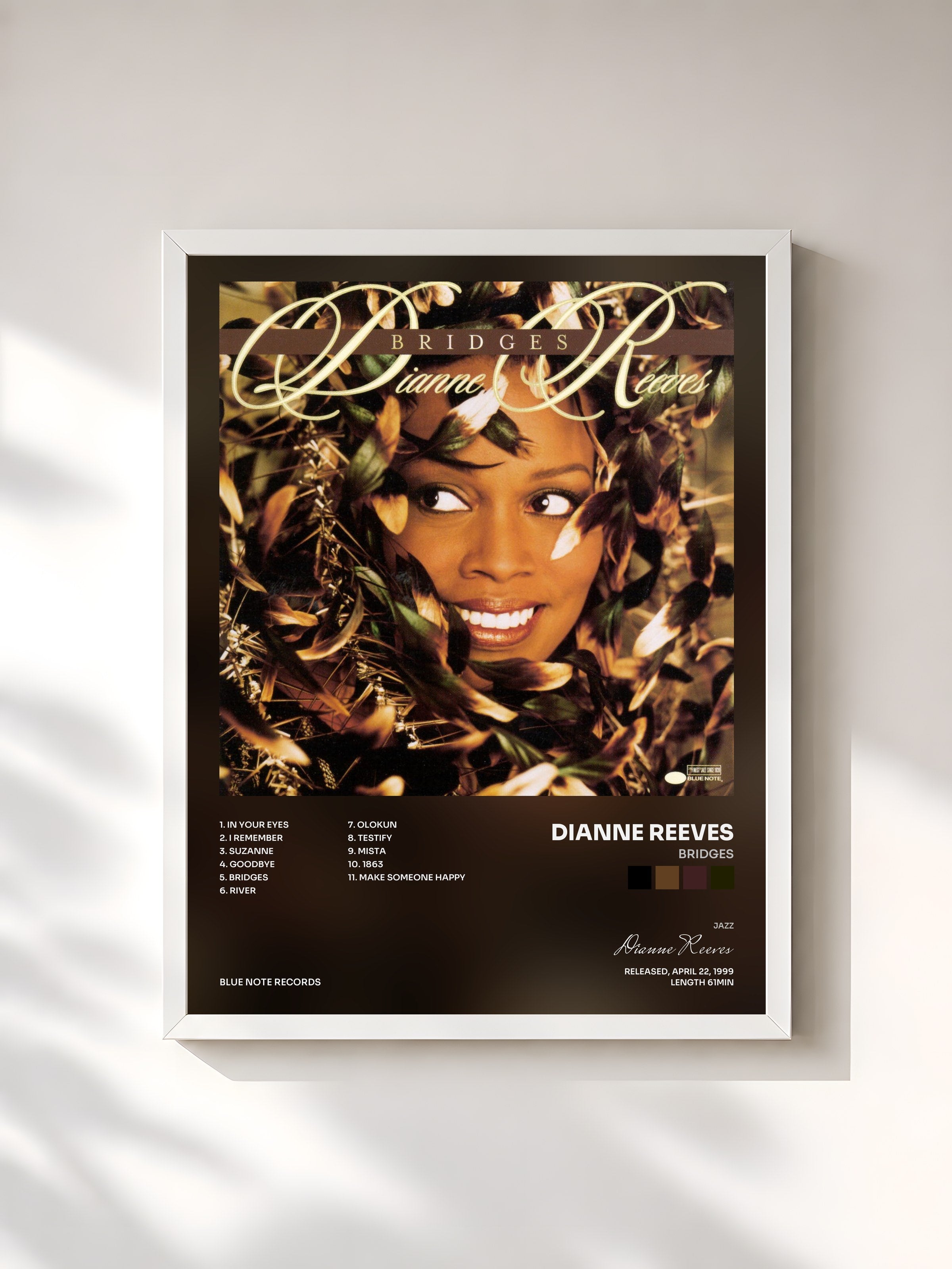 #blanc Tableau de l'album Bridges de Dianne Reeves, cadre blanc, imprimé et encadré en France