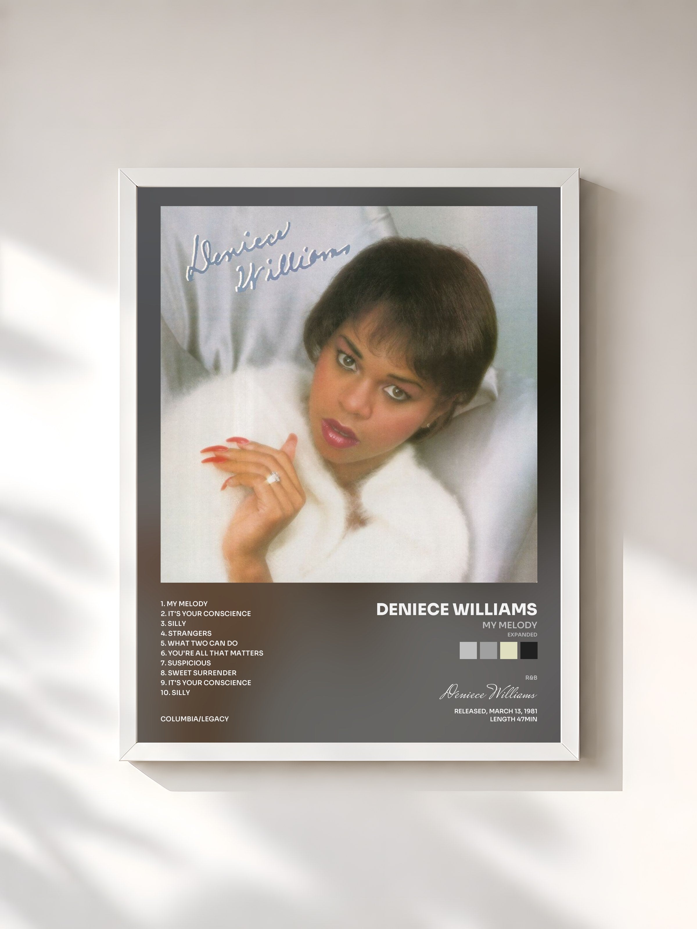 #blanc Tableau de l'album My Melody (Expanded) de Deniece Williams, cadre blanc, imprimé et encadré en France