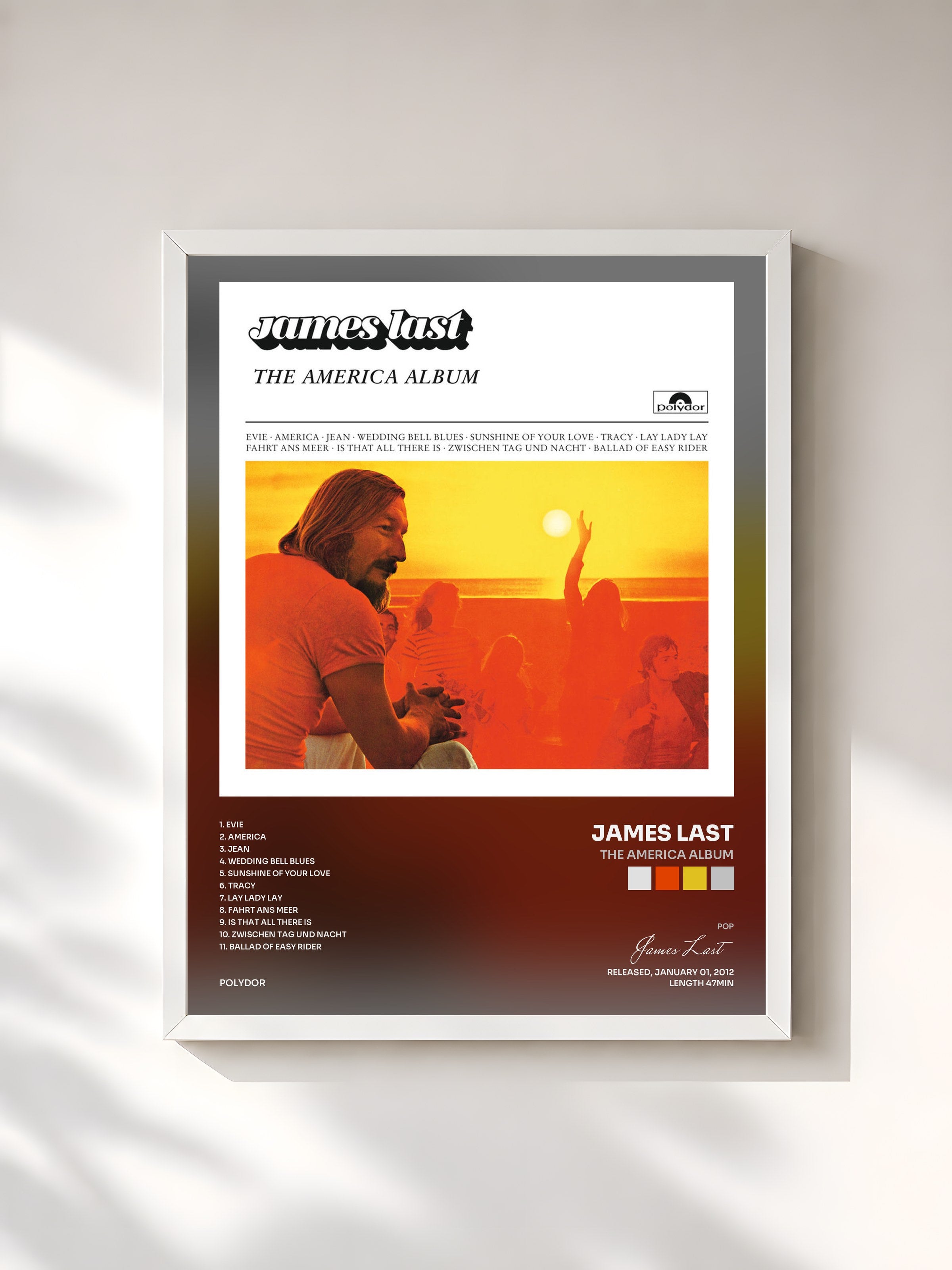 #blanc Tableau de l'album The America Album de James Last, cadre blanc, imprimé et encadré en France