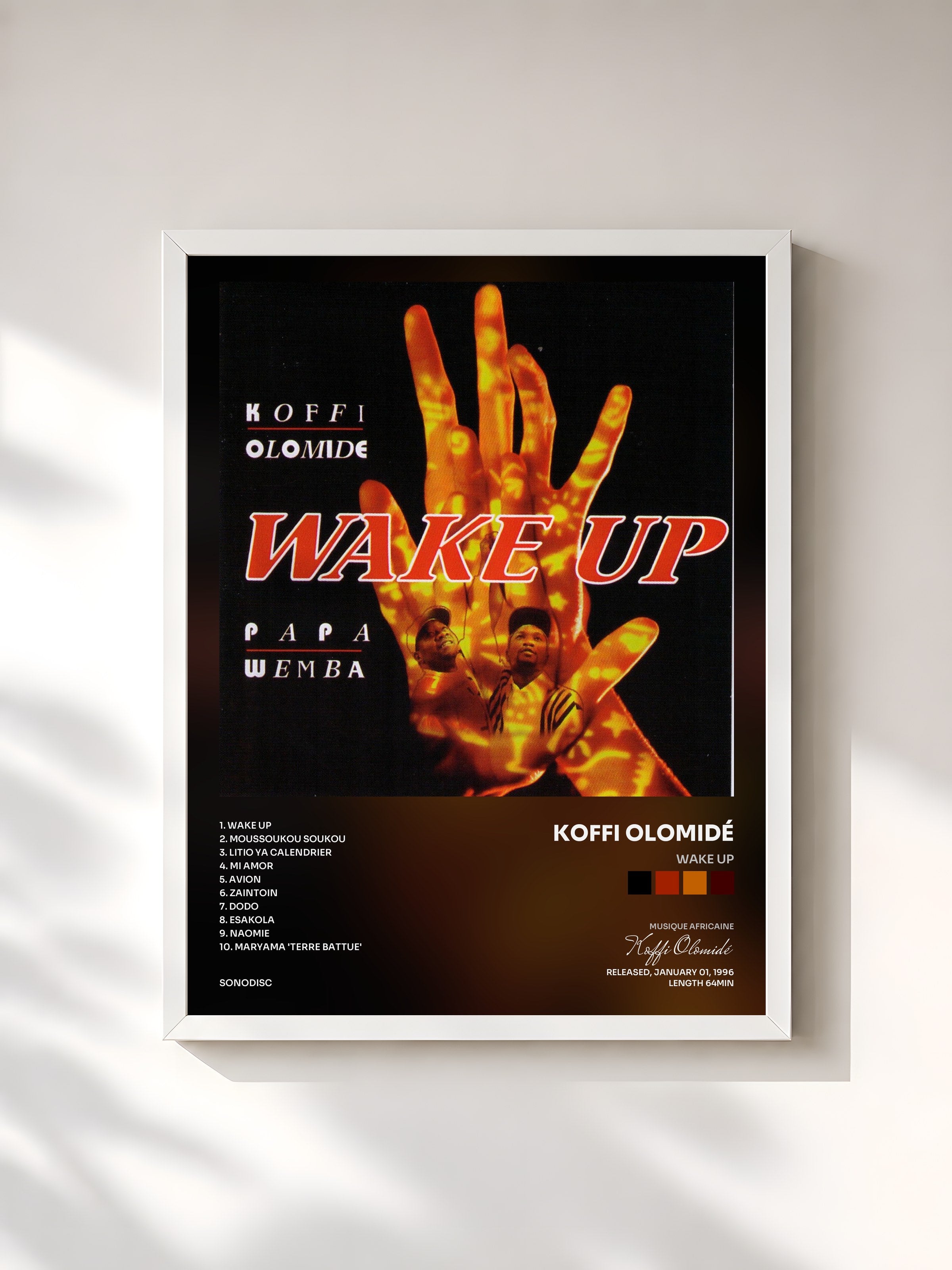 #blanc Tableau de l'album Wake Up de Koffi Olomidé, cadre blanc, imprimé et encadré en France