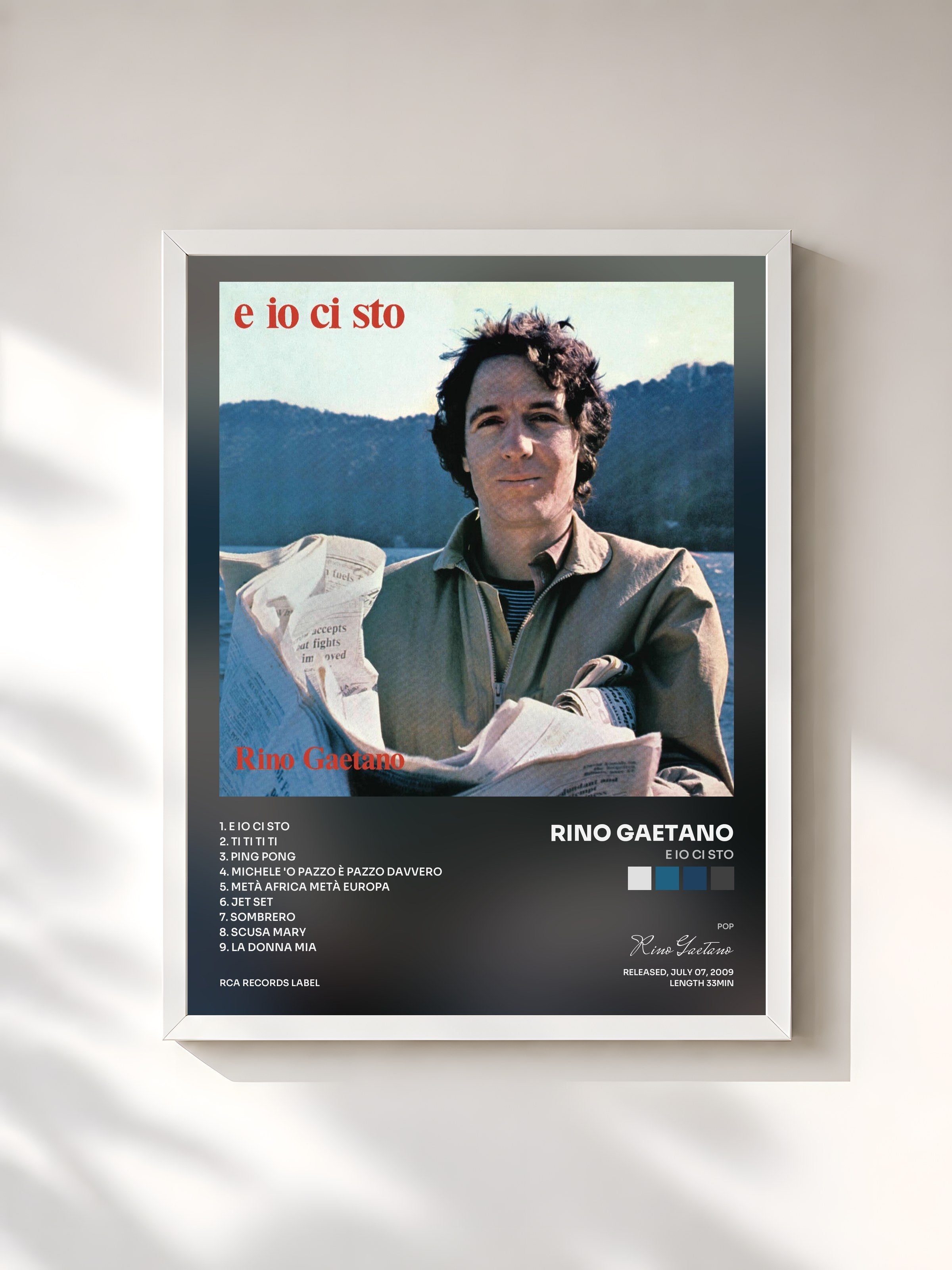 #blanc Tableau de l'album E Io Ci Sto de Rino Gaetano, cadre blanc, imprimé et encadré en France