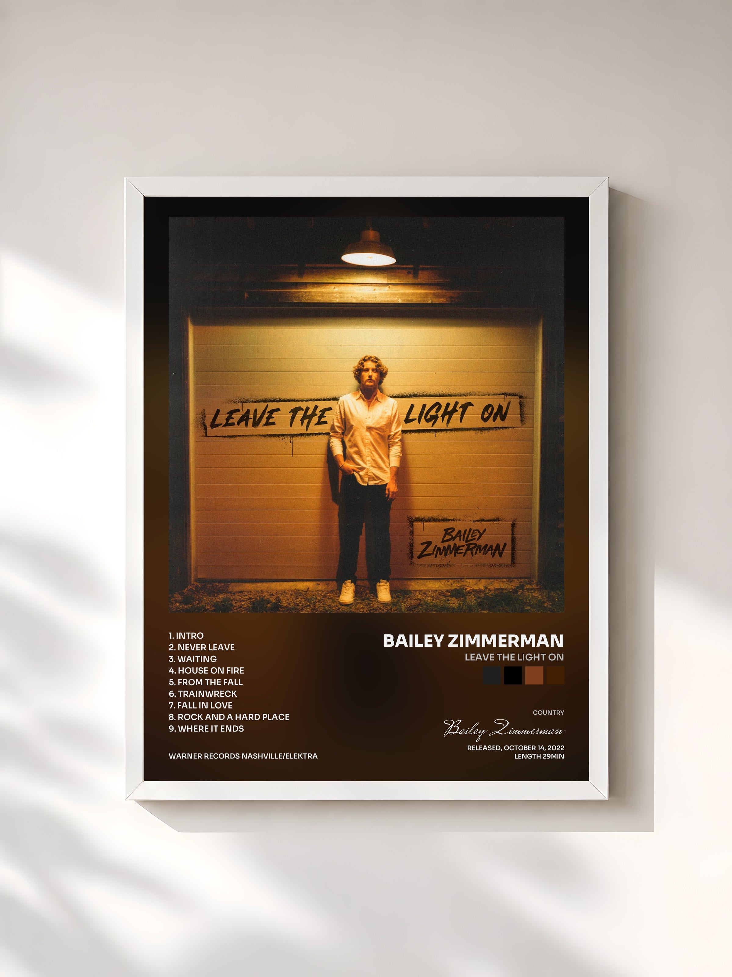 #blanc Tableau de l'album Leave The Light On de Bailey Zimmerman, cadre blanc, imprimé et encadré en France