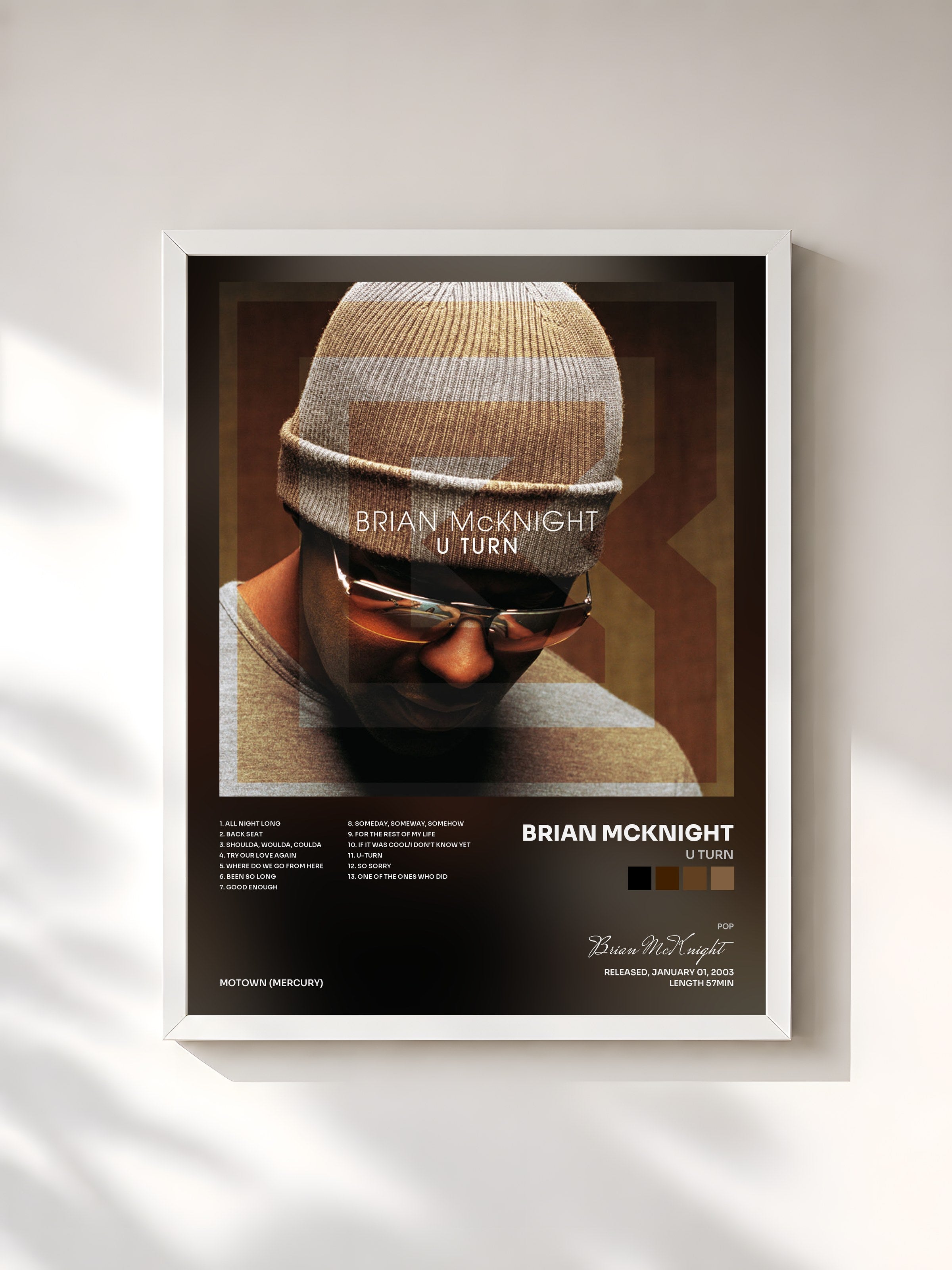 #blanc Tableau de l'album U Turn de Brian McKnight, cadre blanc, imprimé et encadré en France