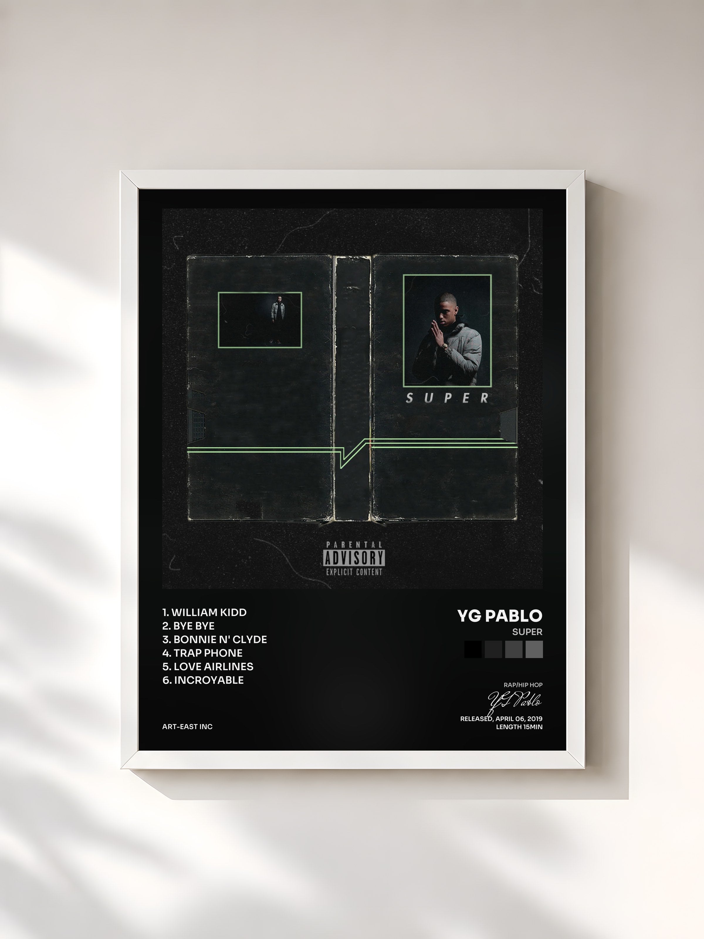 #blanc Tableau de l'album Super de YG Pablo, cadre blanc, imprimé et encadré en France