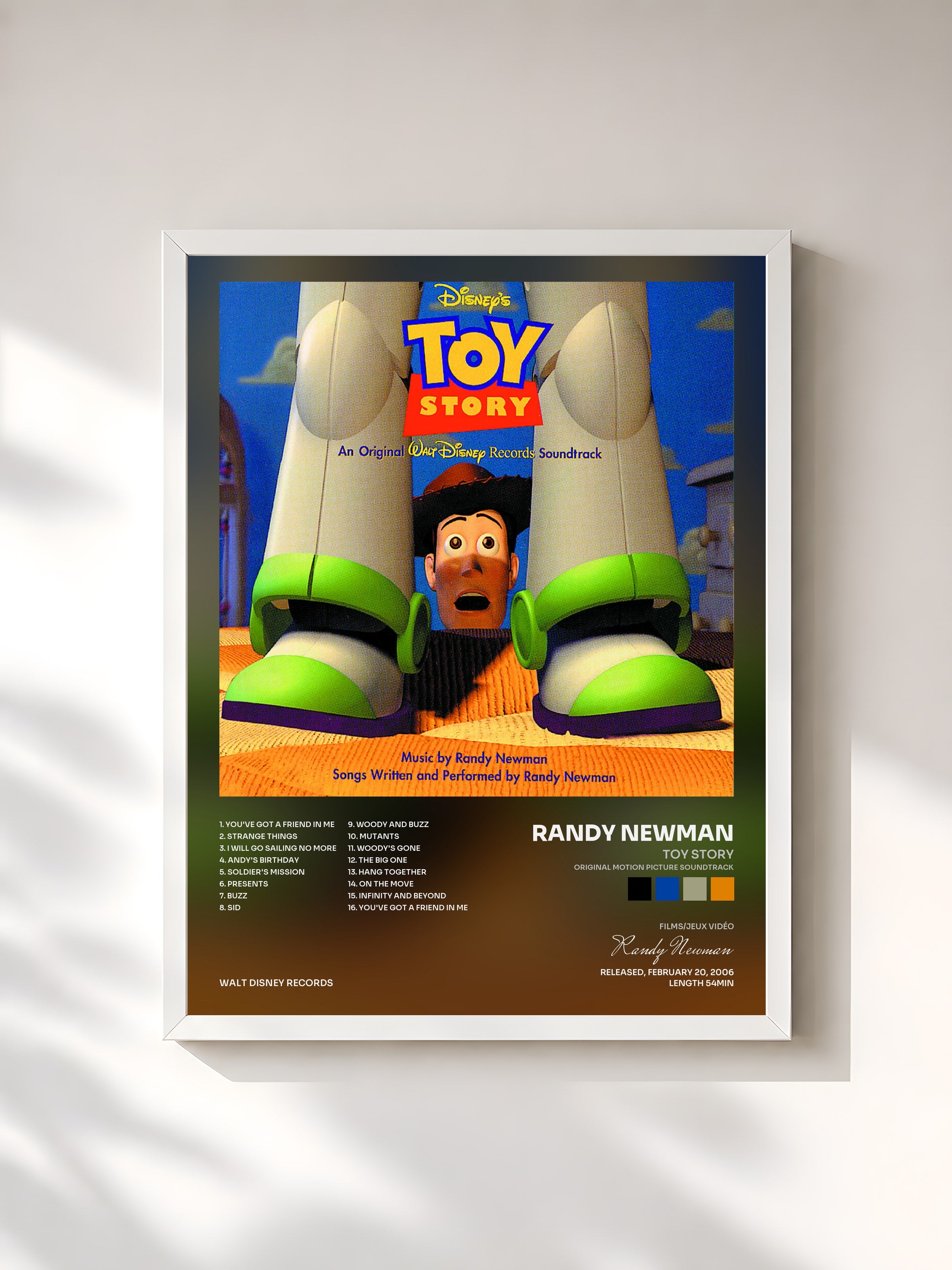 #blanc Tableau de l'album Toy Story (Original Motion Picture Soundtrack) de Randy Newman, cadre blanc, imprimé et encadré en France