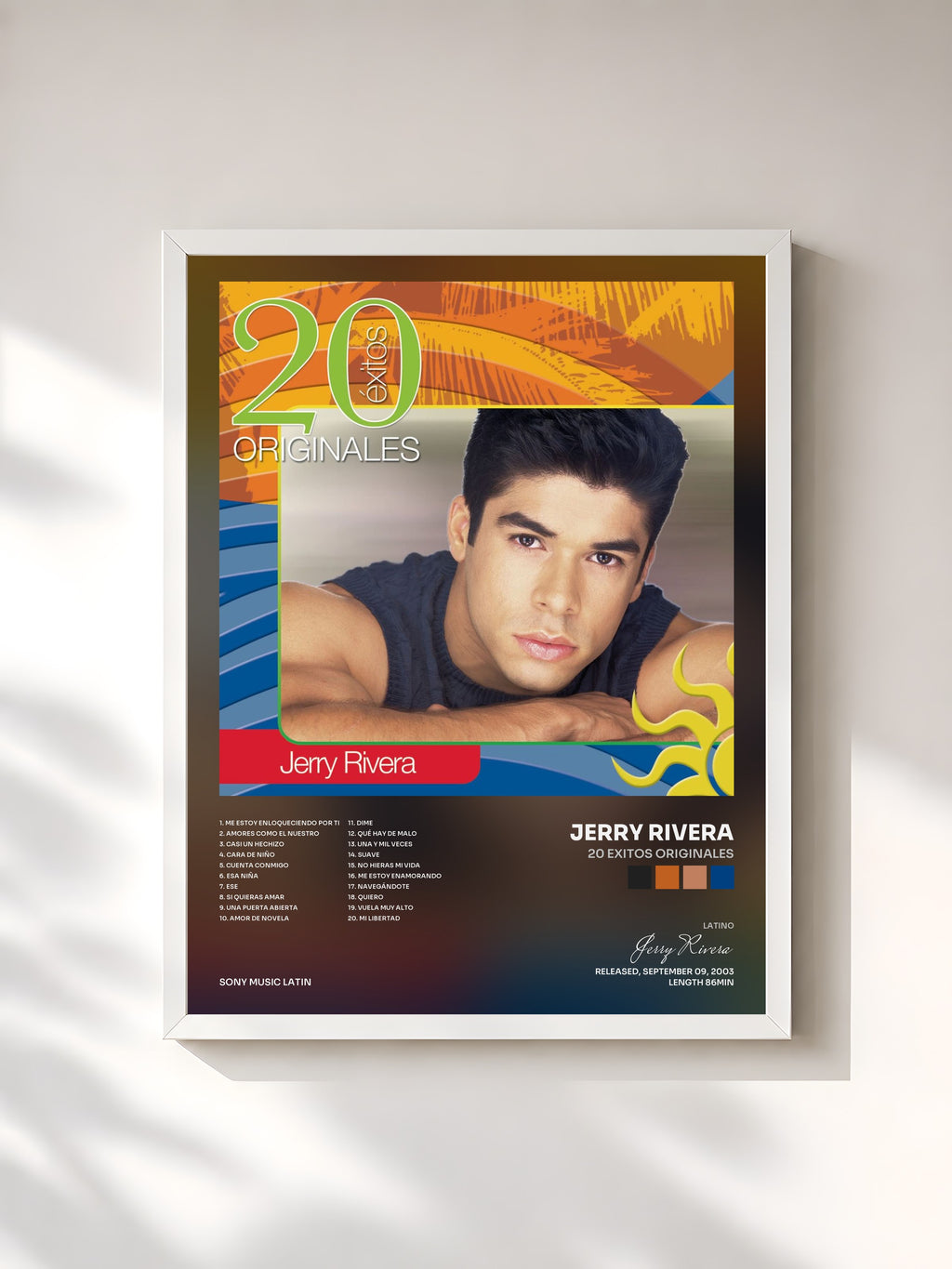 #blanc Tableau de l'album 20 Exitos Originales de Jerry Rivera, cadre blanc, imprimé et encadré en France