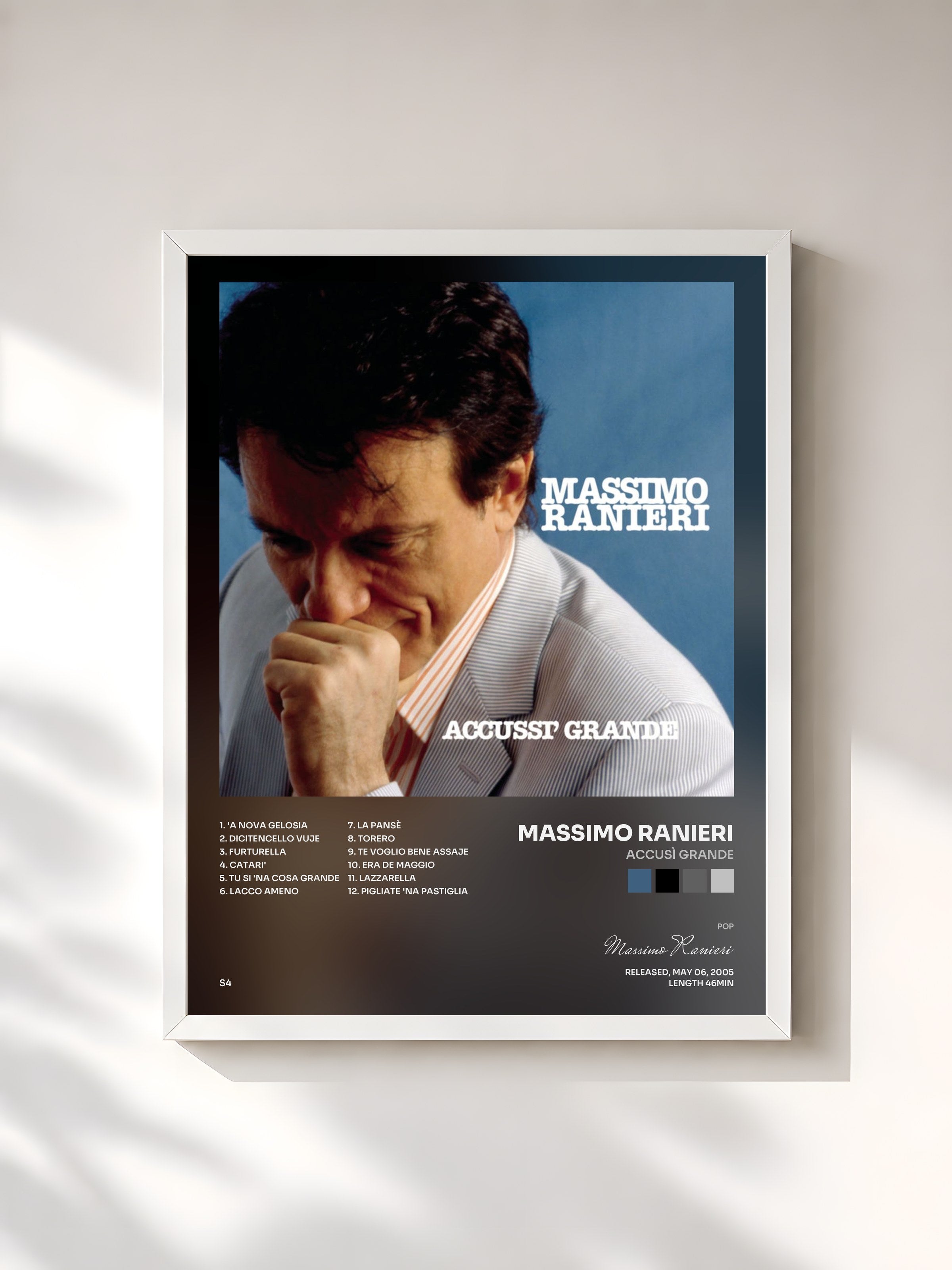 #blanc Tableau de l'album Accusì Grande de Massimo Ranieri, cadre blanc, imprimé et encadré en France