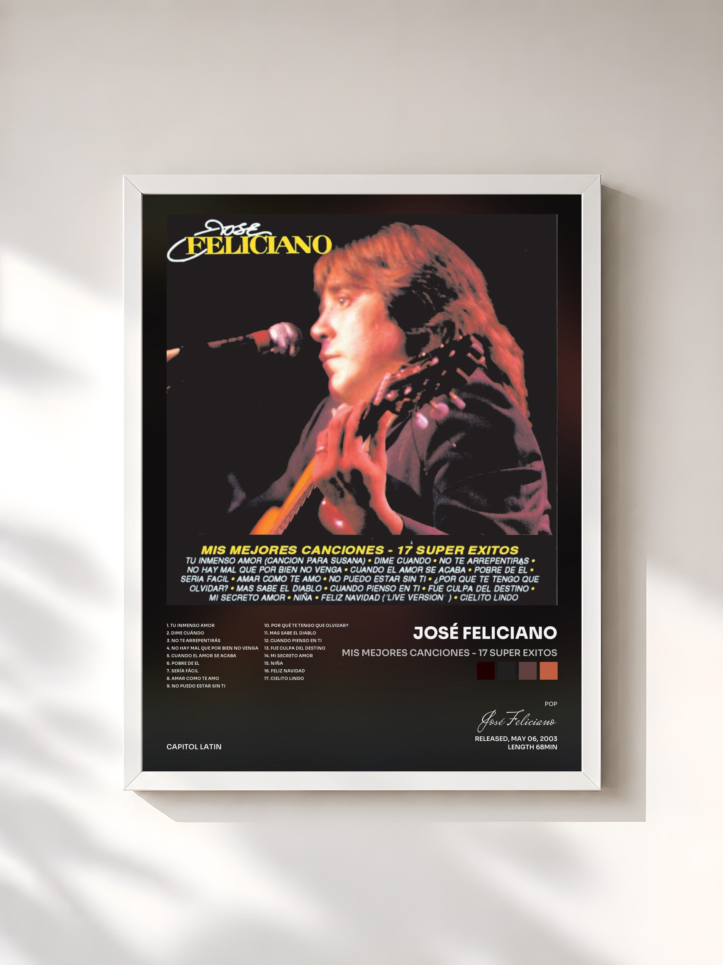 #blanc Tableau de l'album Mis Mejores Canciones - 17 Super Exitos de José Feliciano, cadre blanc, imprimé et encadré en France