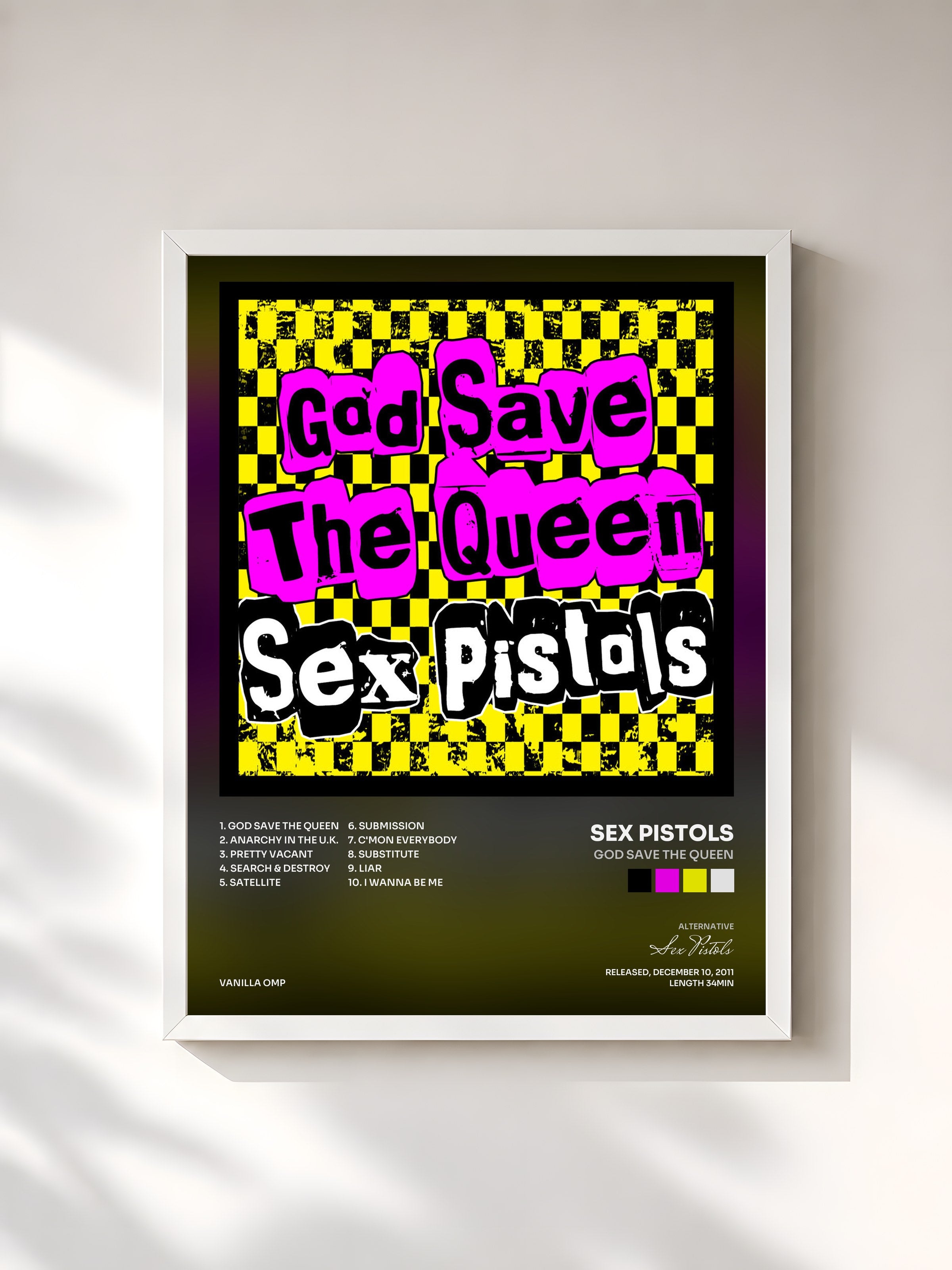 #blanc Tableau de l'album God Save the Queen de Sex Pistols, cadre blanc, imprimé et encadré en France