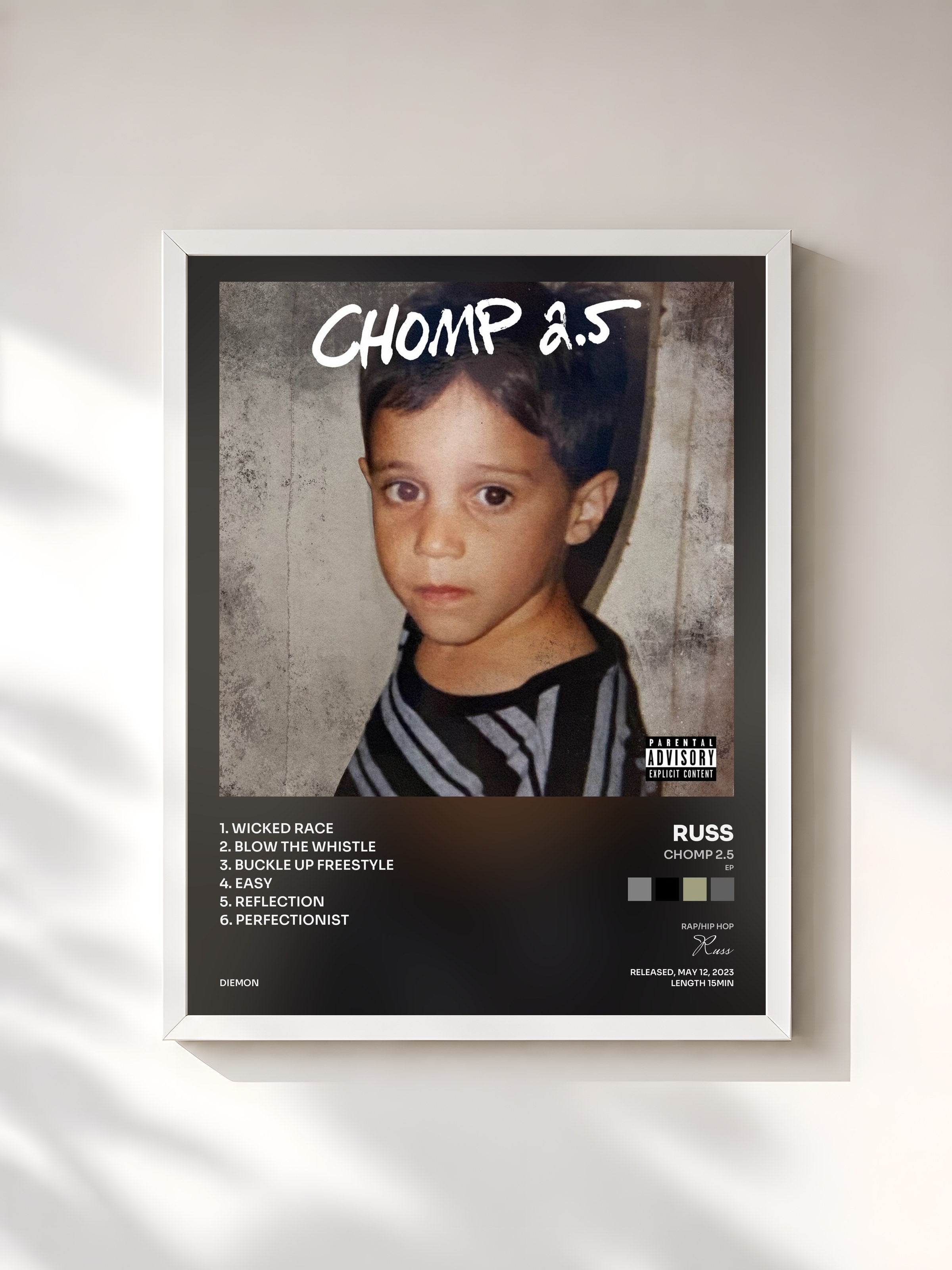 #blanc Tableau de l'album CHOMP 2.5 (EP) de Russ, cadre blanc, imprimé et encadré en France