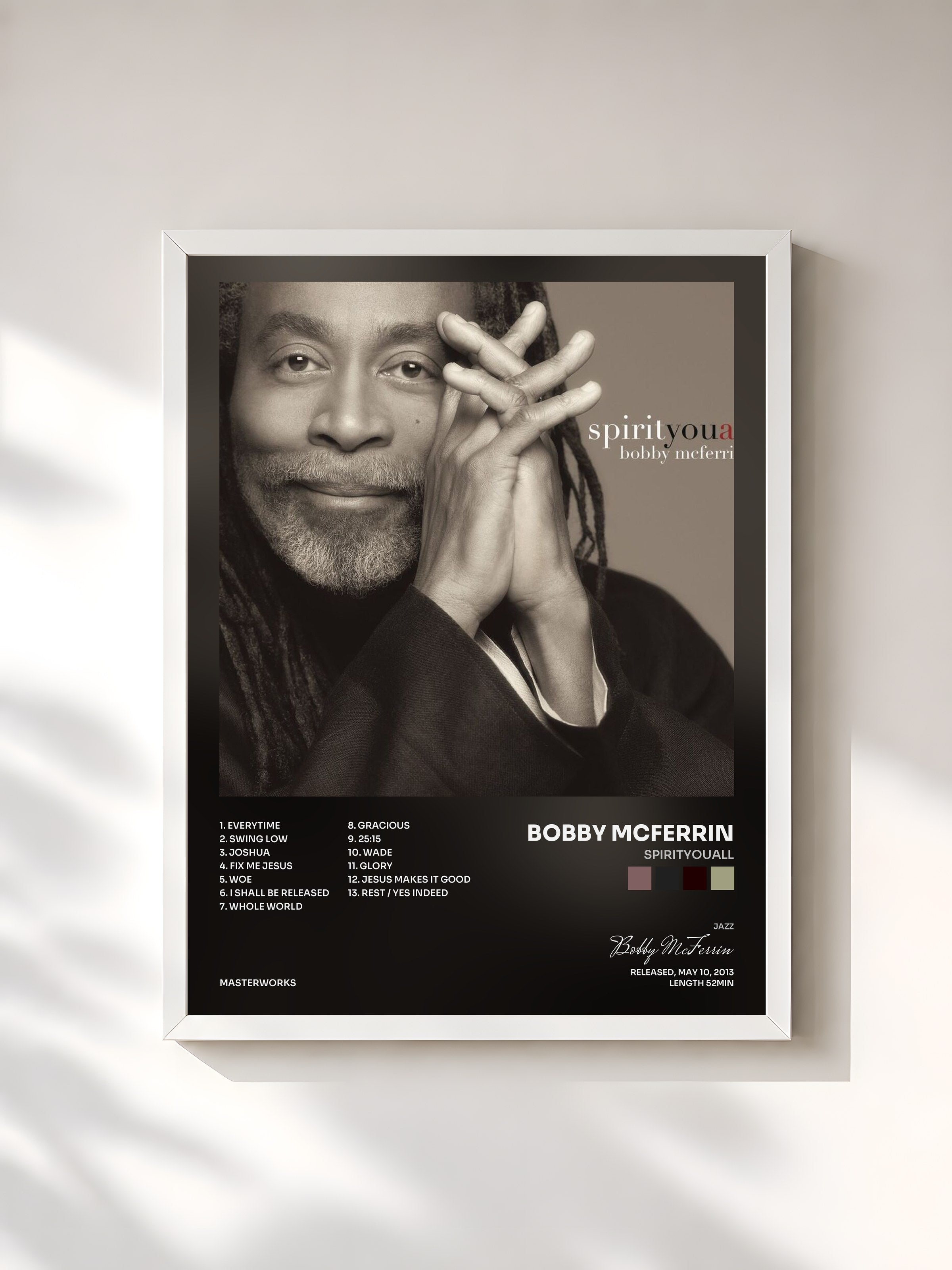 #blanc Tableau de l'album spirityouall de Bobby McFerrin, cadre blanc, imprimé et encadré en France